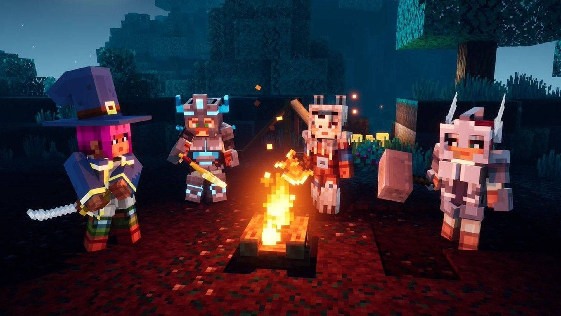 電玩遊戲 桌布 壁紙 — 四個像素化的Minecraft角色在夜晚的黑暗森林中圍著一個發光的營火聚集。