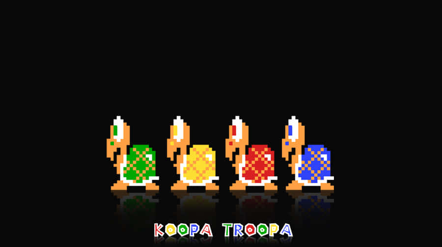 Koopa Troopa 桌布 壁紙 — 四個像素化的庫巴兵團排成一列，站在黑色背景的反射表面上，下方有其名稱。