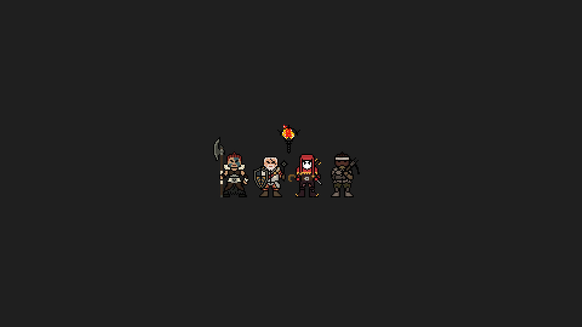Dark Pixel 桌布 壁紙 — 四個像素藝術冒險家站在黑暗虛空中，其中一人手持火炬，溫暖的光芒照在他們堅固的裝備上。