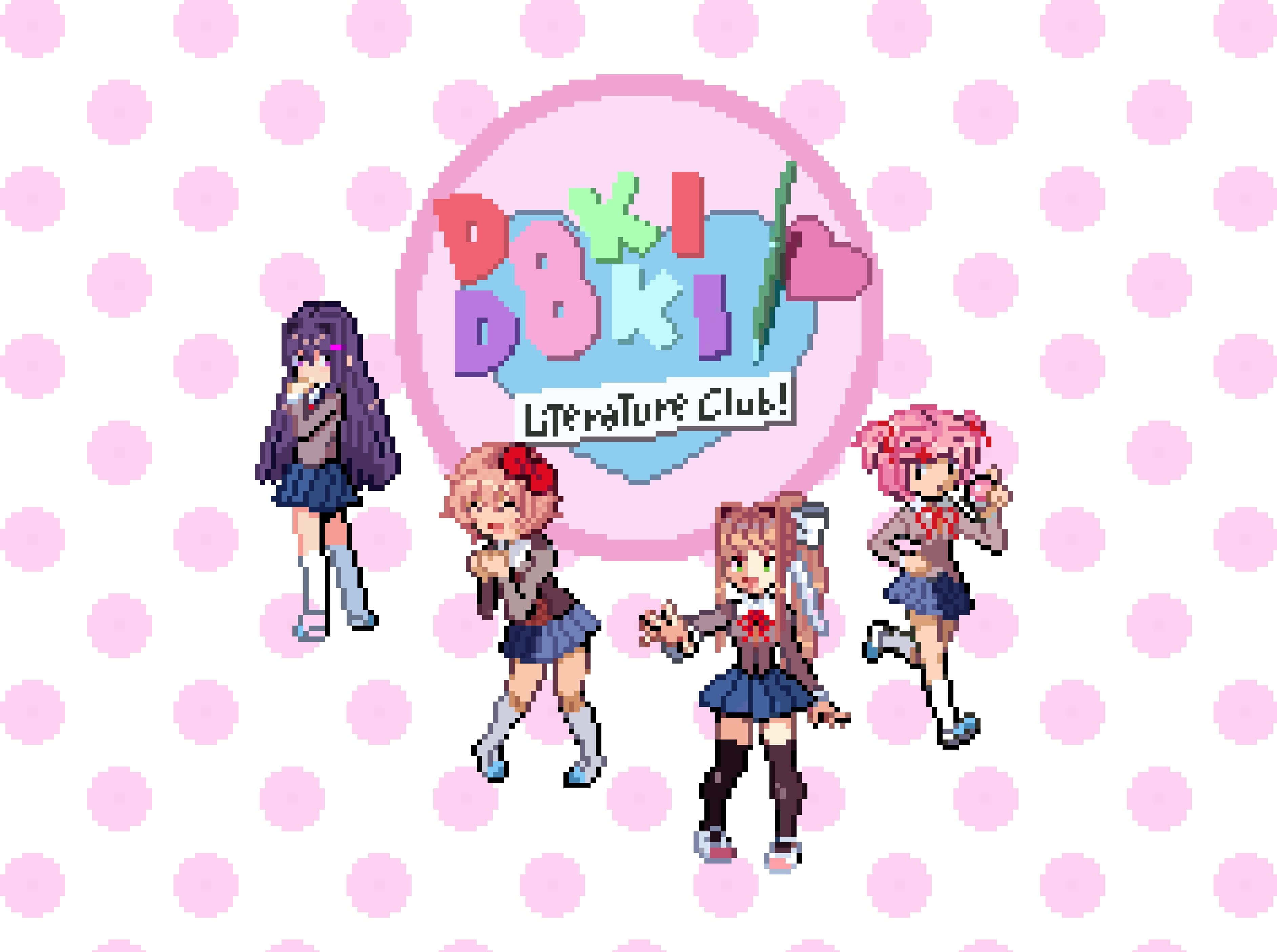 Doki Doki Literature Club 桌布 壁紙 — 四個像素藝術動畫女學生穿著校服，在粉紅色圓點天空下愉快地擺姿勢，並帶有「文學社！」標誌。