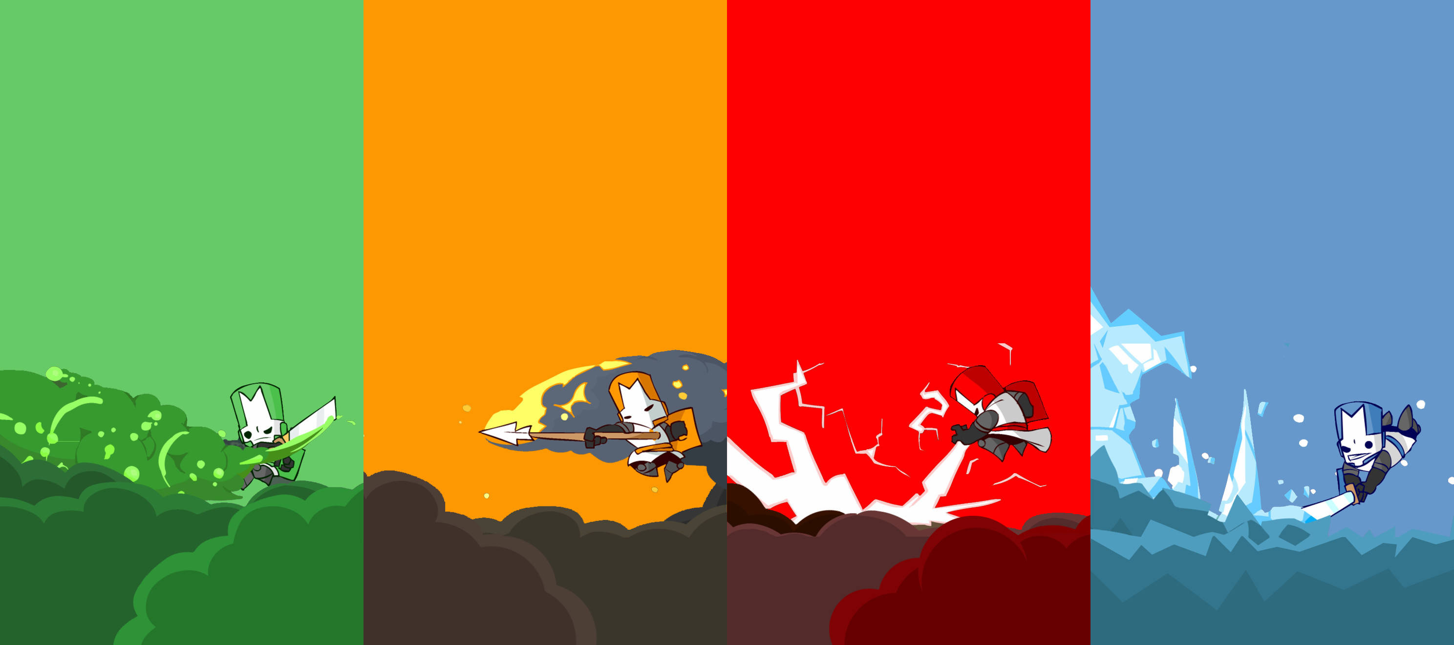 Castle Crashers 桌布 壁紙 — 四個像素藝術騎士在色彩鮮豔的面板中，透過動態效果在元素景觀中戰鬥。