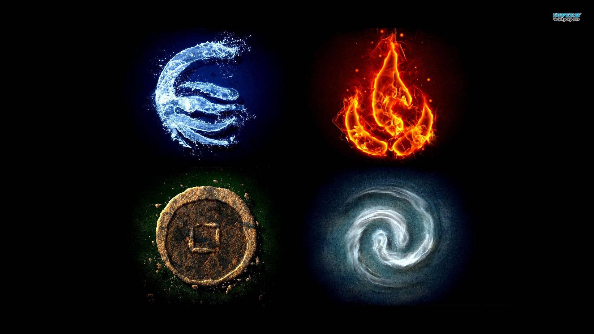 element 桌布 壁紙 — 四個元素符號水、火、土、空氣在黑色背景上以網格佈局發光。