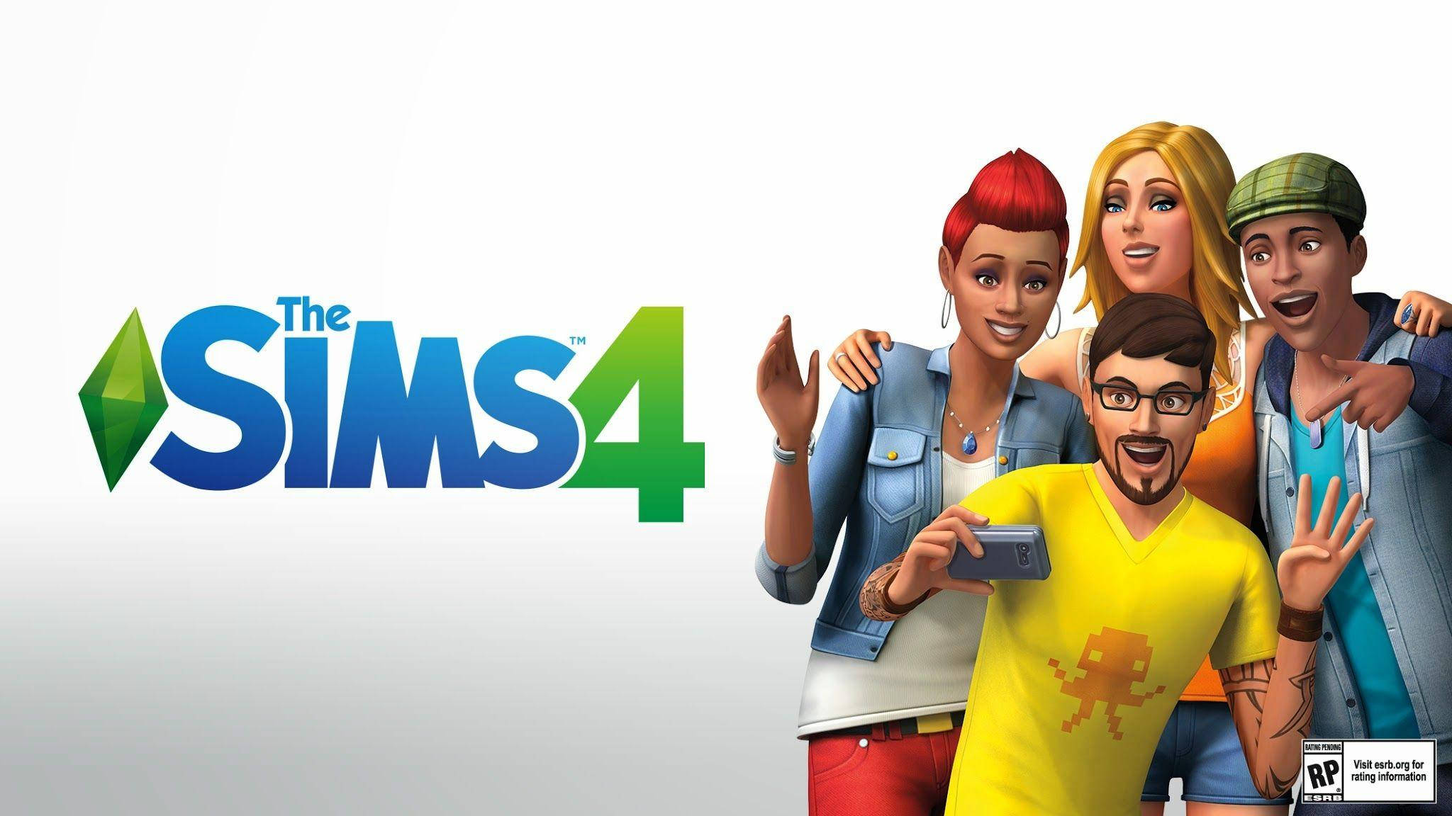 Cartoon 桌布 壁紙 — 四個充滿活力的Sims角色在潔白背景上，於色彩繽紛的The Sims 4標誌旁愉快地擺姿勢。