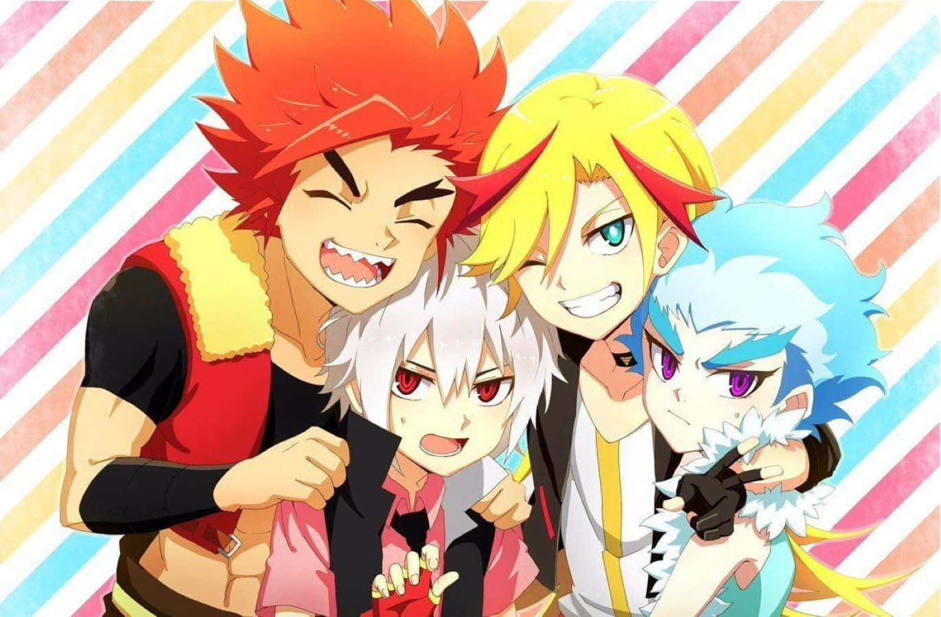 Shu Kurenai 桌布 壁紙 — 四個充滿活力的動漫角色，頭髮尖尖，在色彩繽紛的條紋背景前兇狠地咧嘴笑。