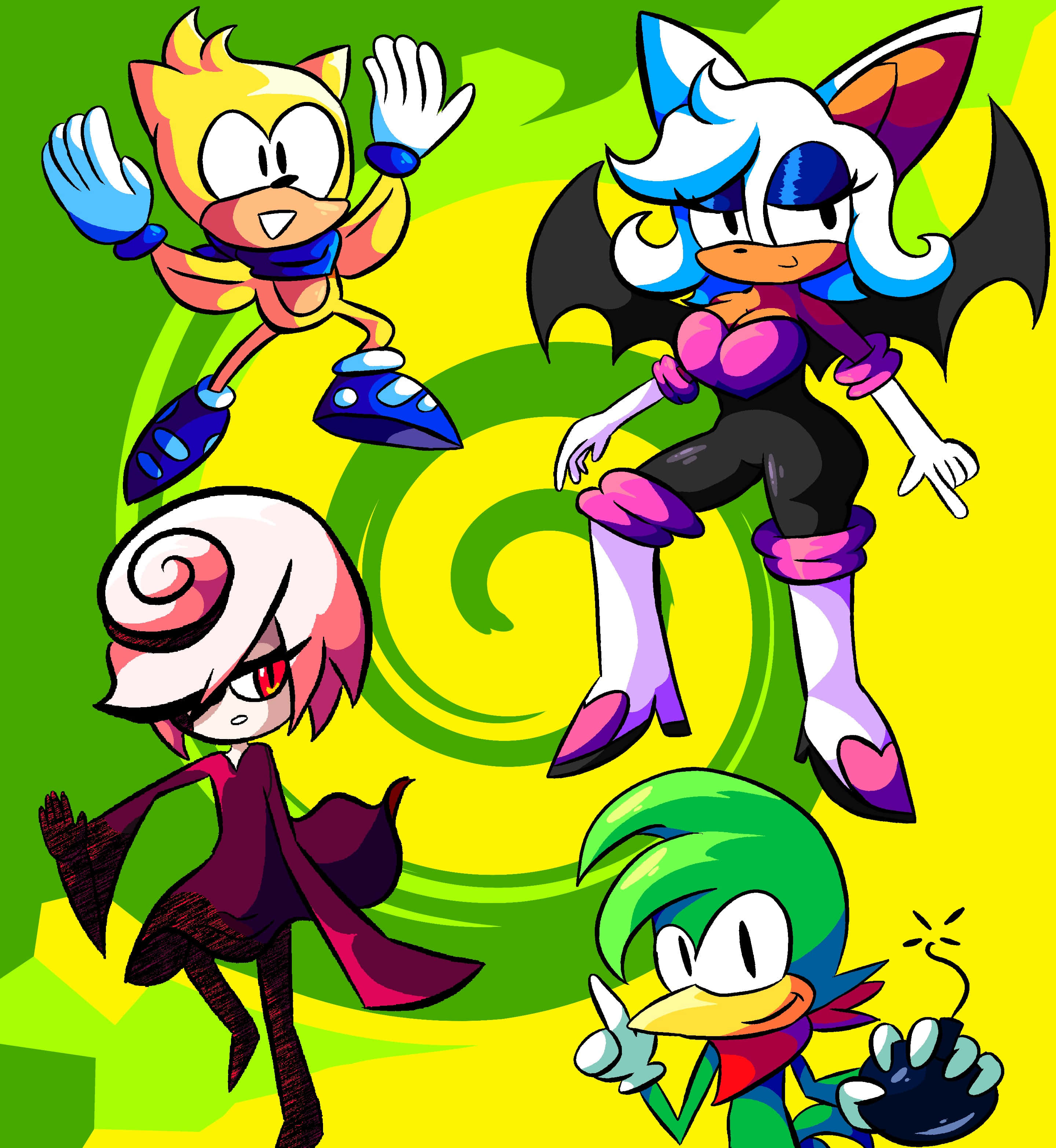 Sonic Characters 桌布 壁紙 — 四個充滿活力的卡通角色，擁有蝙蝠翅膀和色彩繽紛的服裝，在旋轉的綠色和黃色背景前動態擺姿勢。
