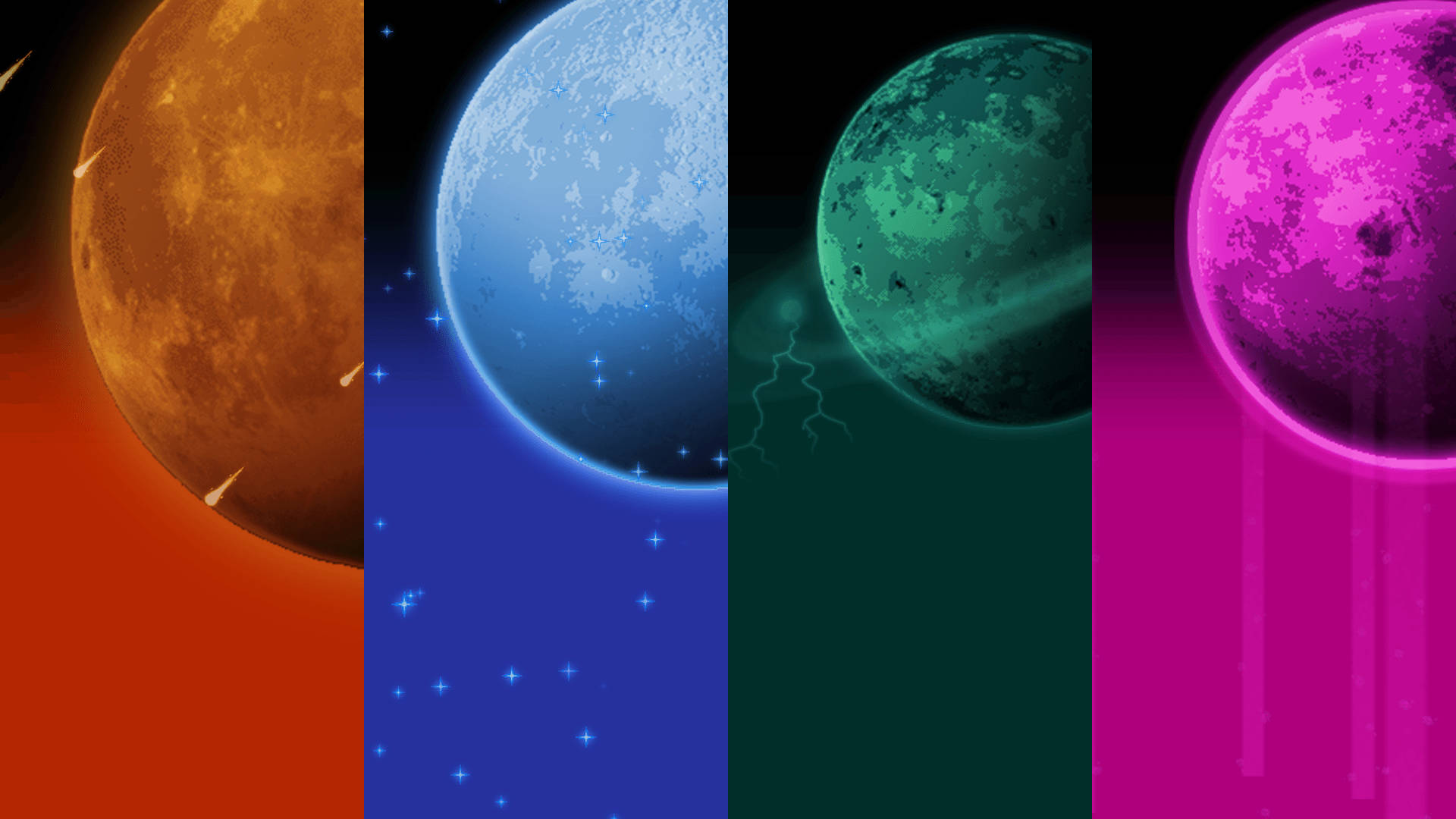 Terraria Moon Lord 桌布 壁紙 — 四個充滿活力的外星行星在垂直面板中發光，呈現橙色、藍色、綠色和洋紅色色調，背景為宇宙。