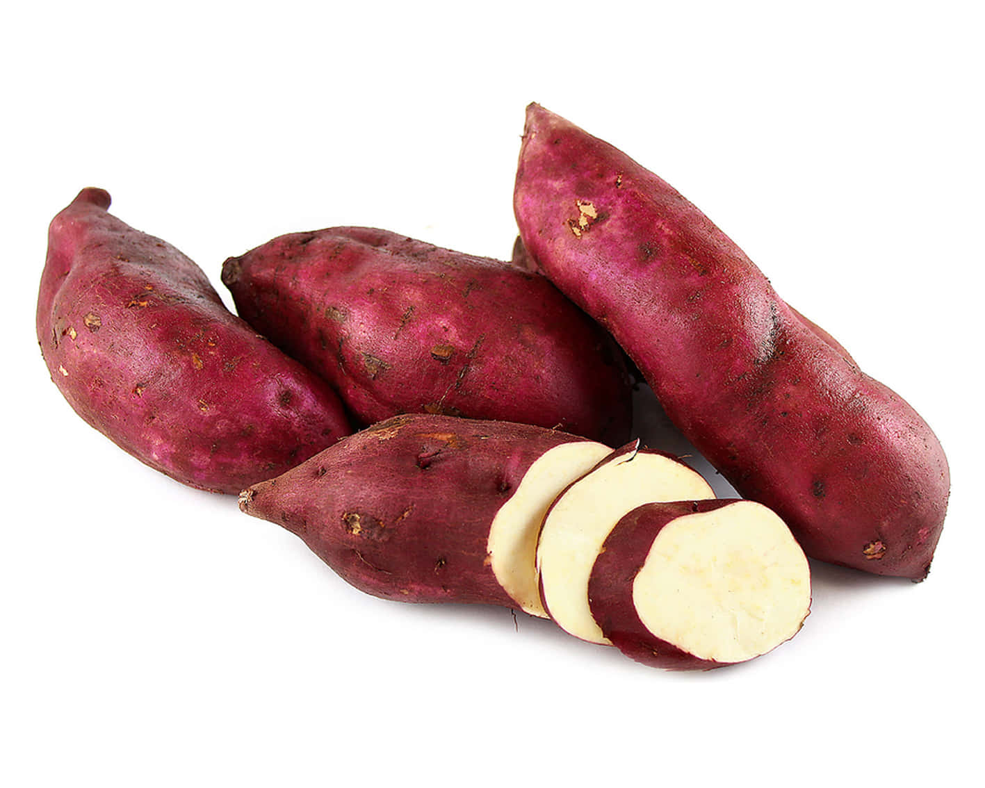 Yellow Sweet Potato 桌布 壁紙 — 四個充滿活力的紫色地瓜，內部呈奶油白色，放置在潔白的背景上。