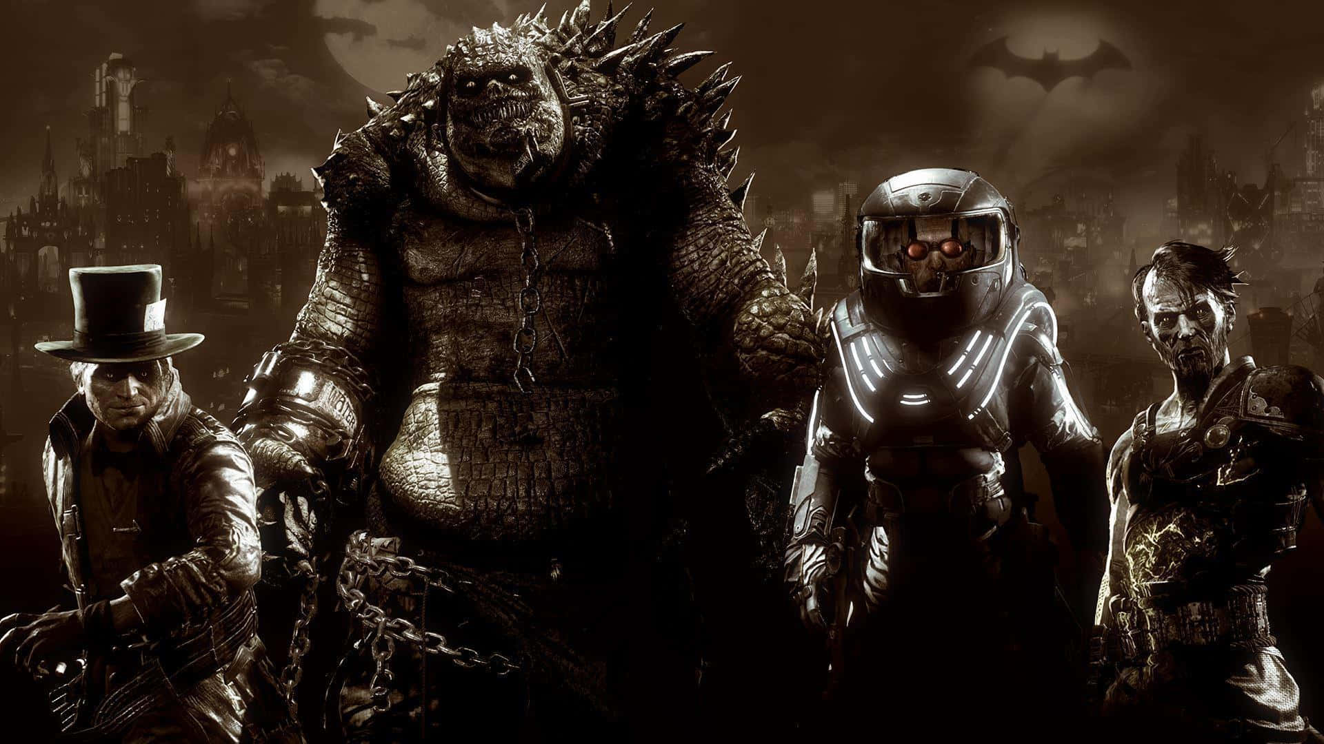 Killer Croc 桌布 壁紙 — 四個兇惡的角色站在黑暗的哥德式城市景觀中，天空佈滿蝙蝠。