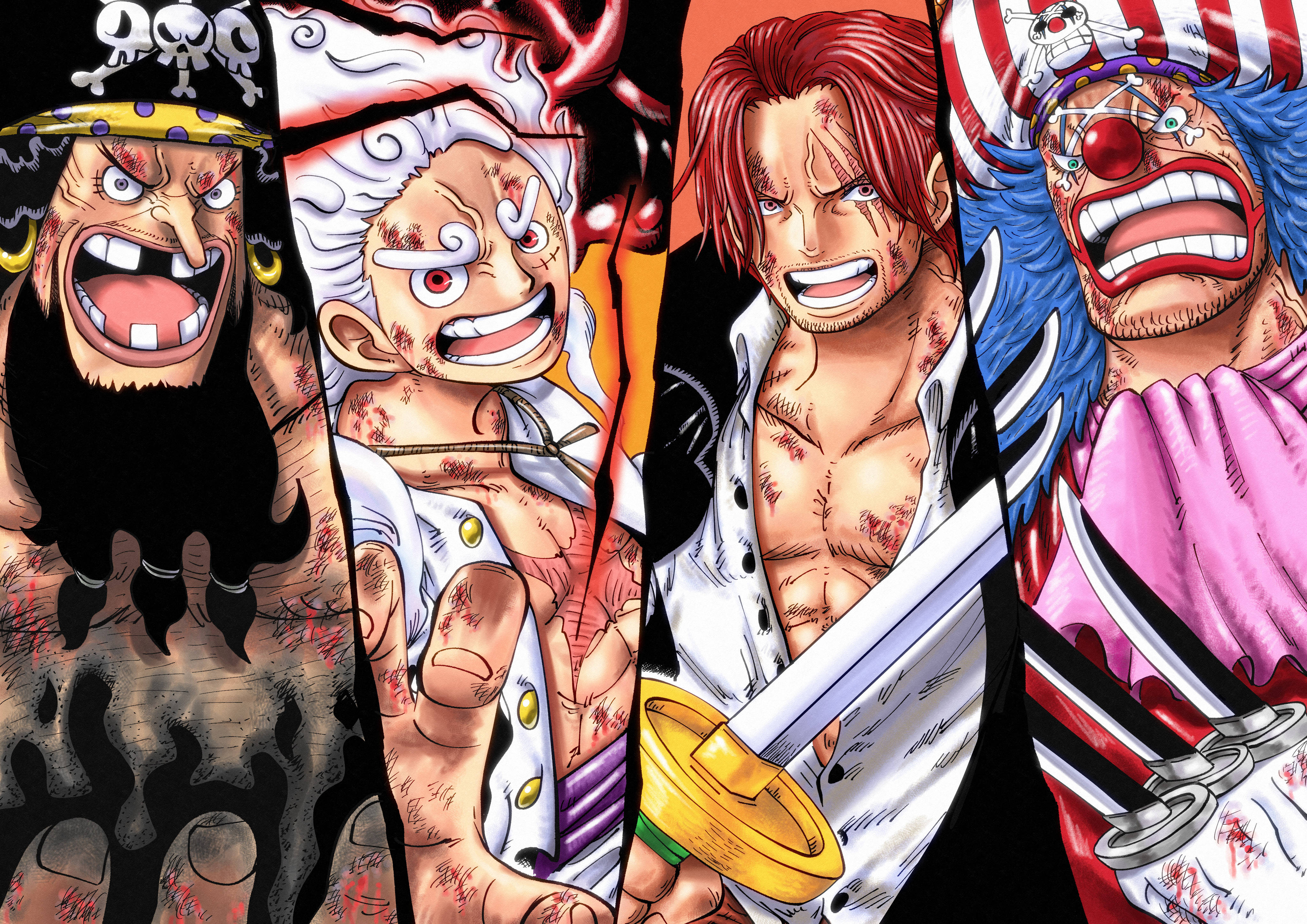 one piece art 桌布 壁紙 — 四個兇猛的動漫海盜，滿臉鮮血，表情激烈，並排站立在一個動態且充滿戰鬥痕跡的構圖中。
