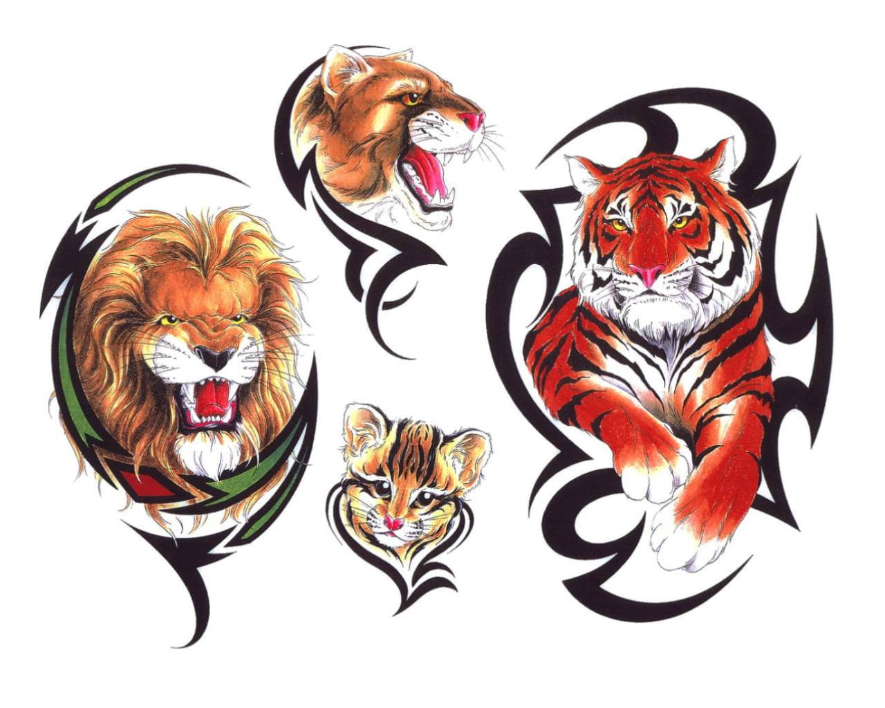  壁紙 — 四個兇猛的貓科動物頭部——獅子、美洲獅、老虎和小貓——以大膽的部落紋身風格呈現，色彩鮮豔，黑色輪廓銳利。