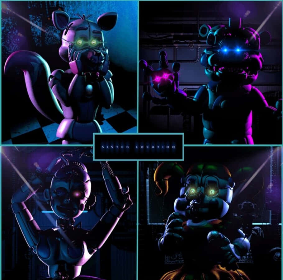 Funtime Freddy 桌布 壁紙 — 四個兇猛的電子動畫角色在黑暗的工業環境中發出詭異的光芒。