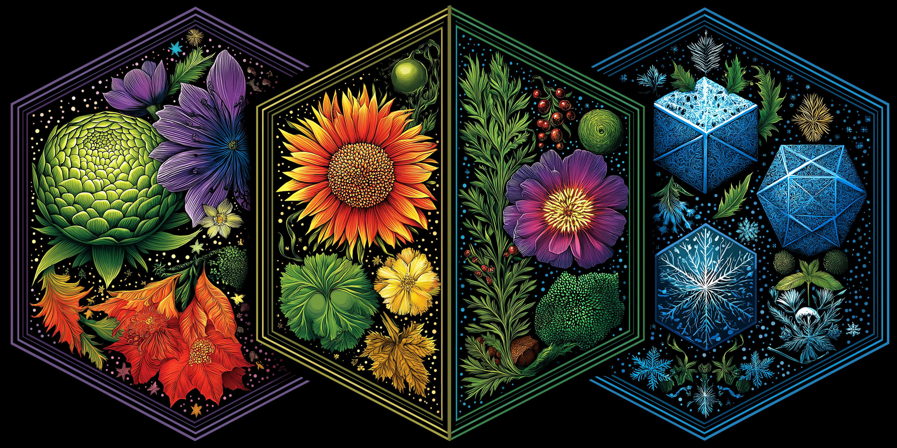 花卉 桌布 壁紙 — 四個六角形面板在星空黑色背景上展示充滿活力的植物和幾何晶體。