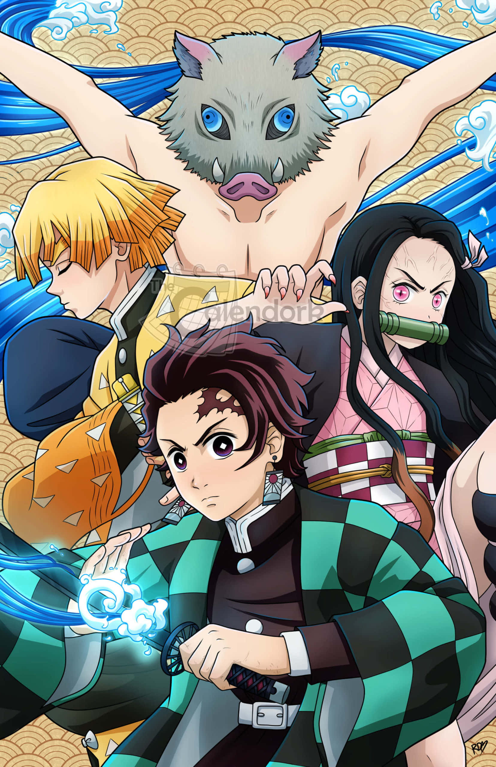 Demon Slayer Group 桌布 壁紙 — 四個具有獨特特徵和表情的動漫角色，在藍色波浪和金色圖案背景前動態地站立。