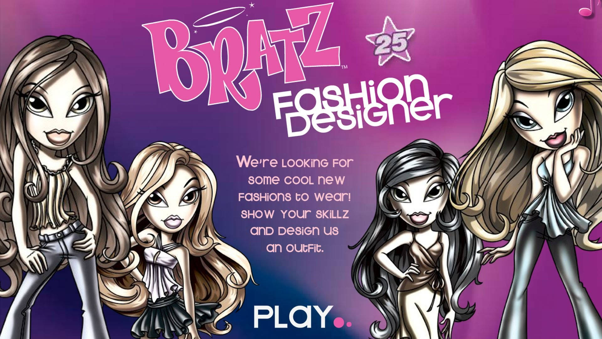 bratz 美學 桌布 壁紙 — 四個具有風格化特徵的 Bratz 公仔在漸變紫色背景前自信地擺姿勢，推廣時裝設計師遊戲。