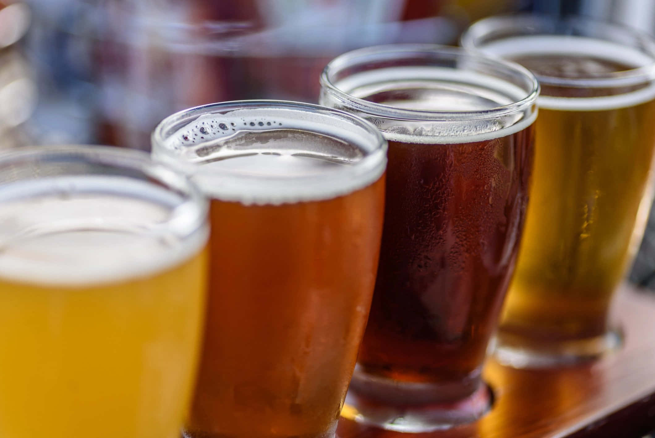 Beer 桌布 壁紙 — 四個冰凍啤酒杯的特寫，呈現不同琥珀色調和泡沫頂部，排列在木托盤上。