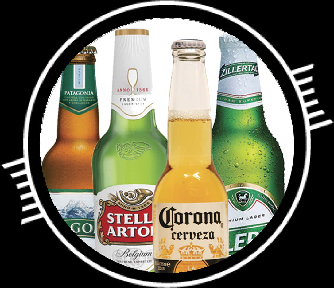 Corona Beer 桌布 壁紙 — 四個冰凍啤酒瓶，帶有冷凝水，標籤朝前，位於圓形框架內，黑色背景。