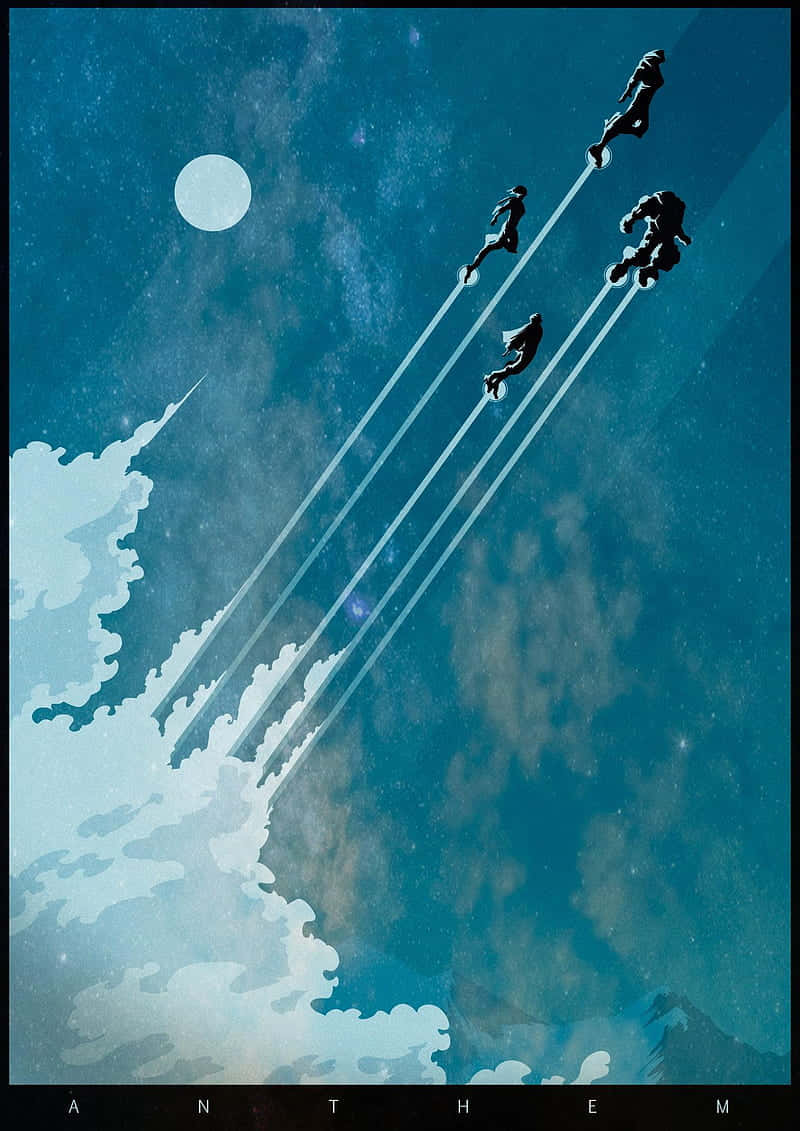 flying 桌布 壁紙 — 四個剪影人物在滿月下斜向飛過繁星點點的藍綠色天空，身後拖曳著明亮的光束。