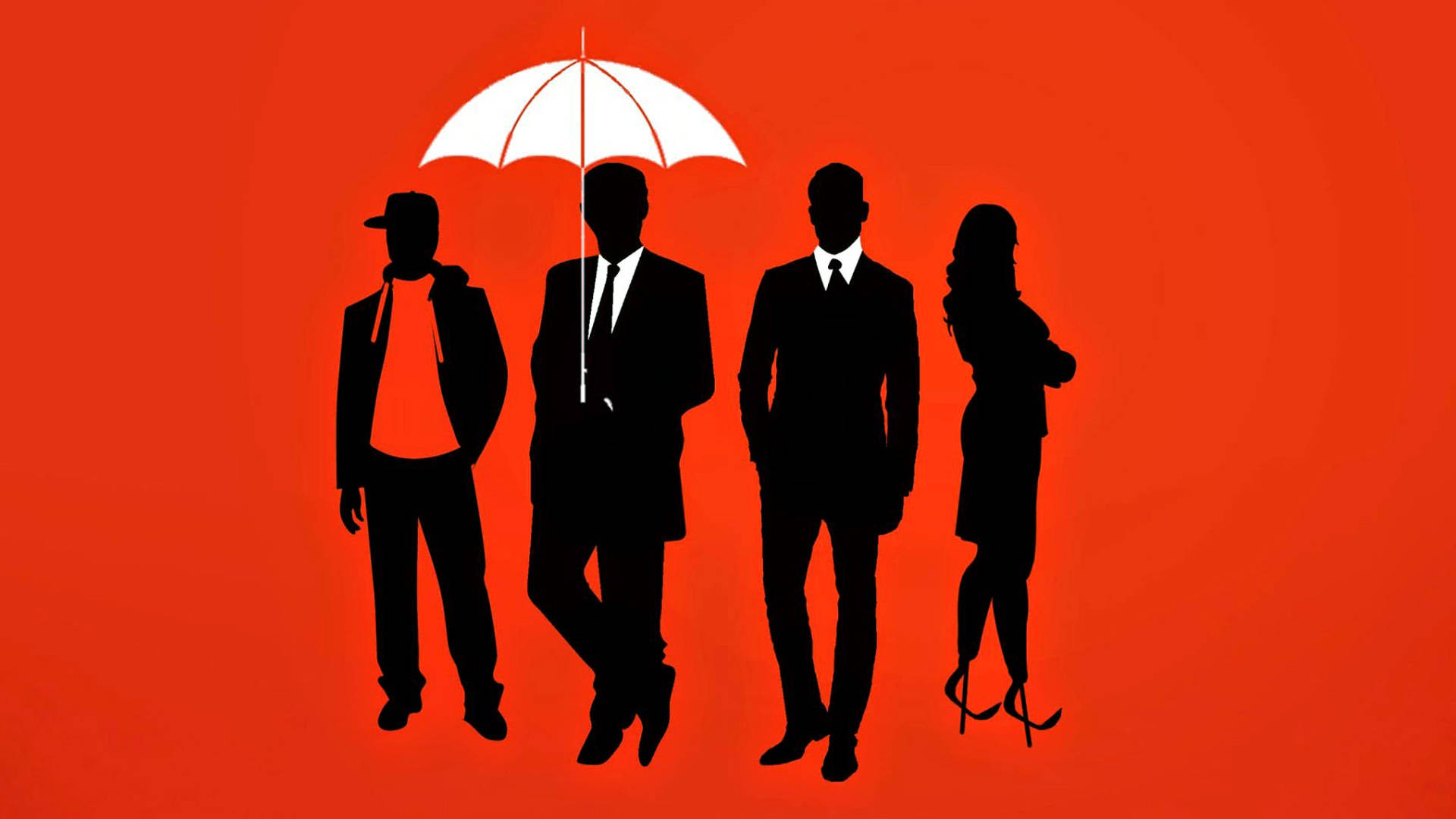 Kingsman 桌布 壁紙 — 四個剪影人物站在白色雨傘下，背景為大膽的紅色，傳達團結與對比。