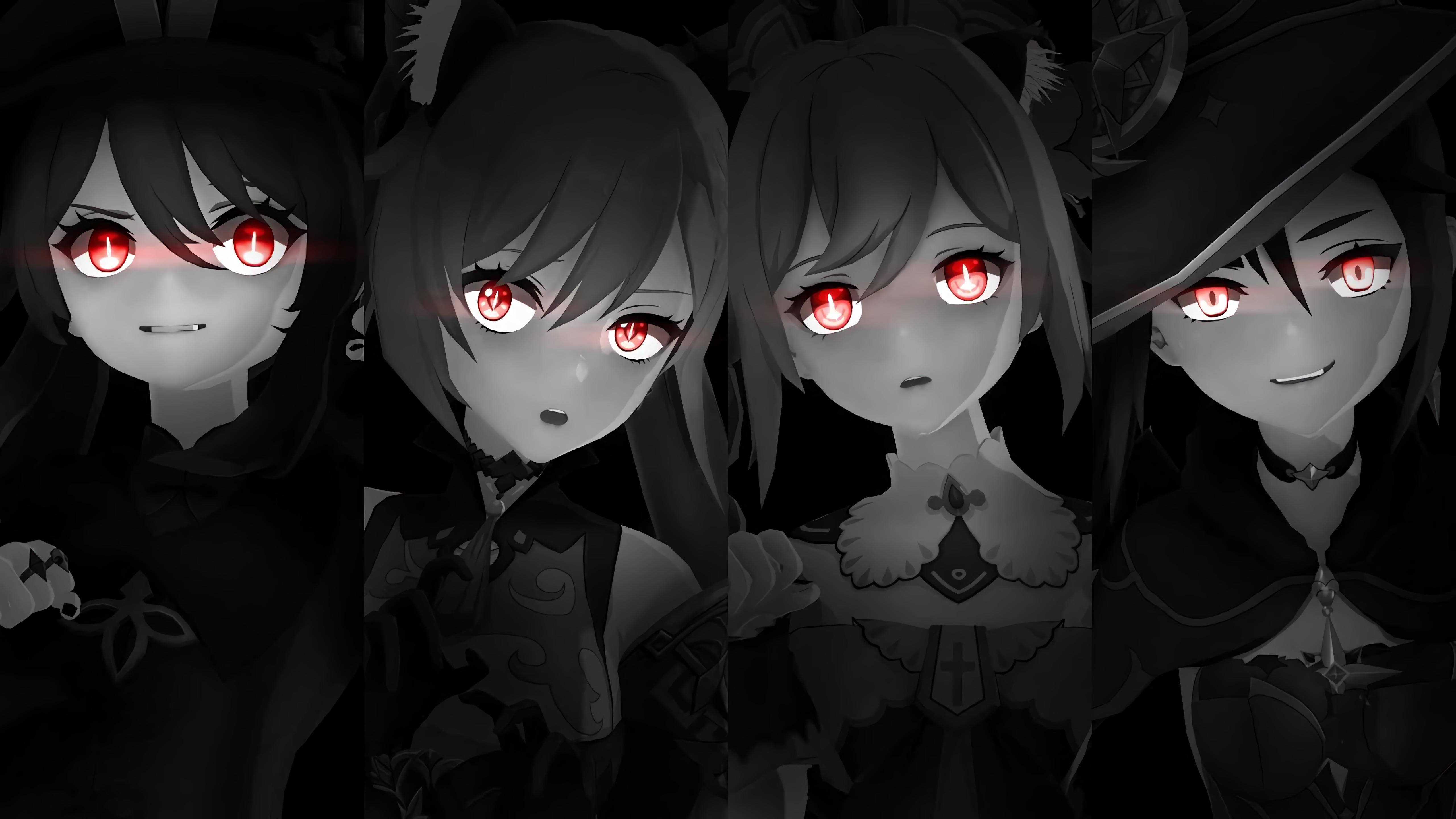Waifu 桌布 壁紙 — 四個動漫女孩，眼睛發出紅光，身穿黑色斗篷，以單色排列站立，散發出詭異的神秘感。