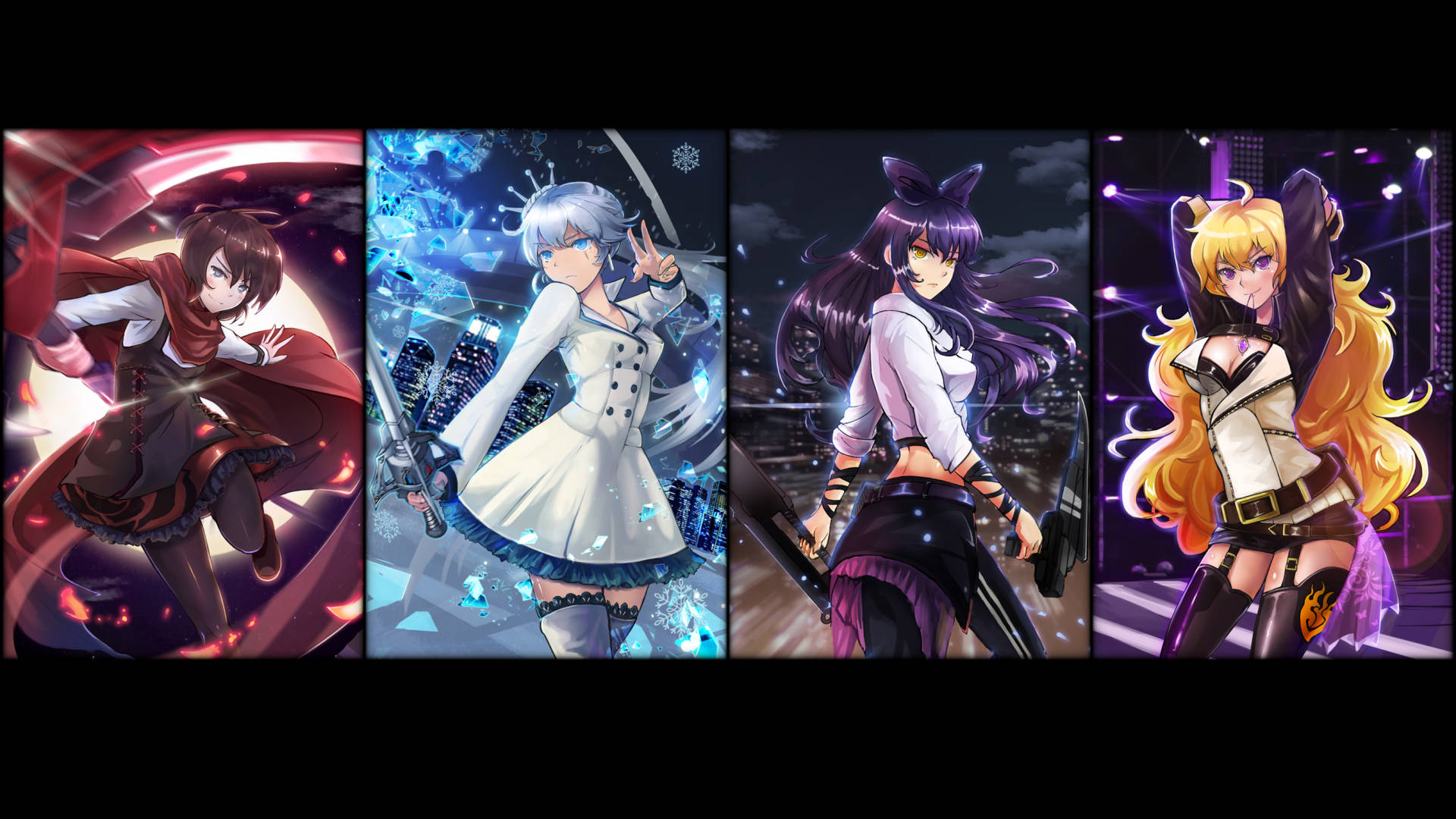 Rwby 桌布 壁紙 — 四個動漫女孩以動態姿勢呈現，帶有發光效果和城市背景。