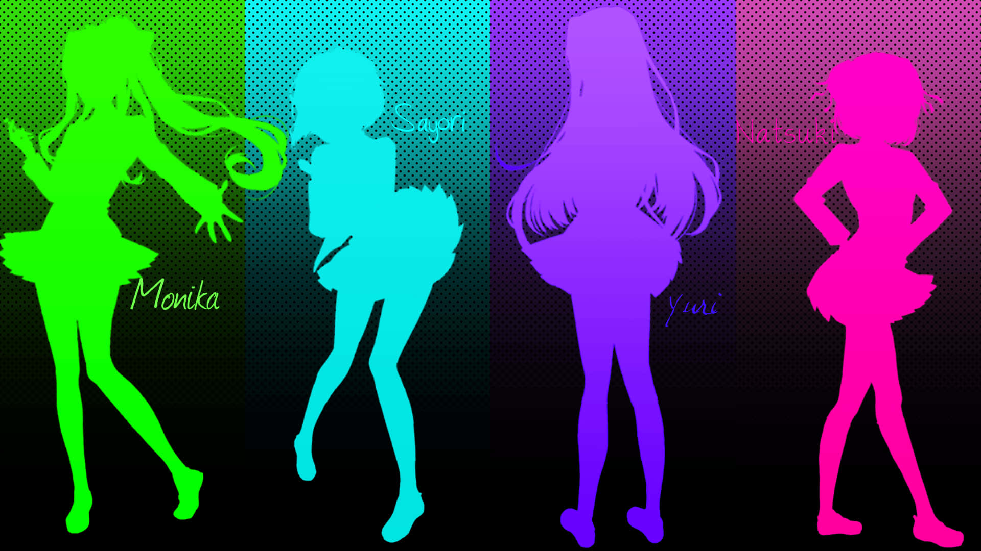 Silhouette 桌布 壁紙 — 四個動漫女孩以鮮豔的霓虹剪影在漸變背景前擺姿勢，帶有半色調點和名字。