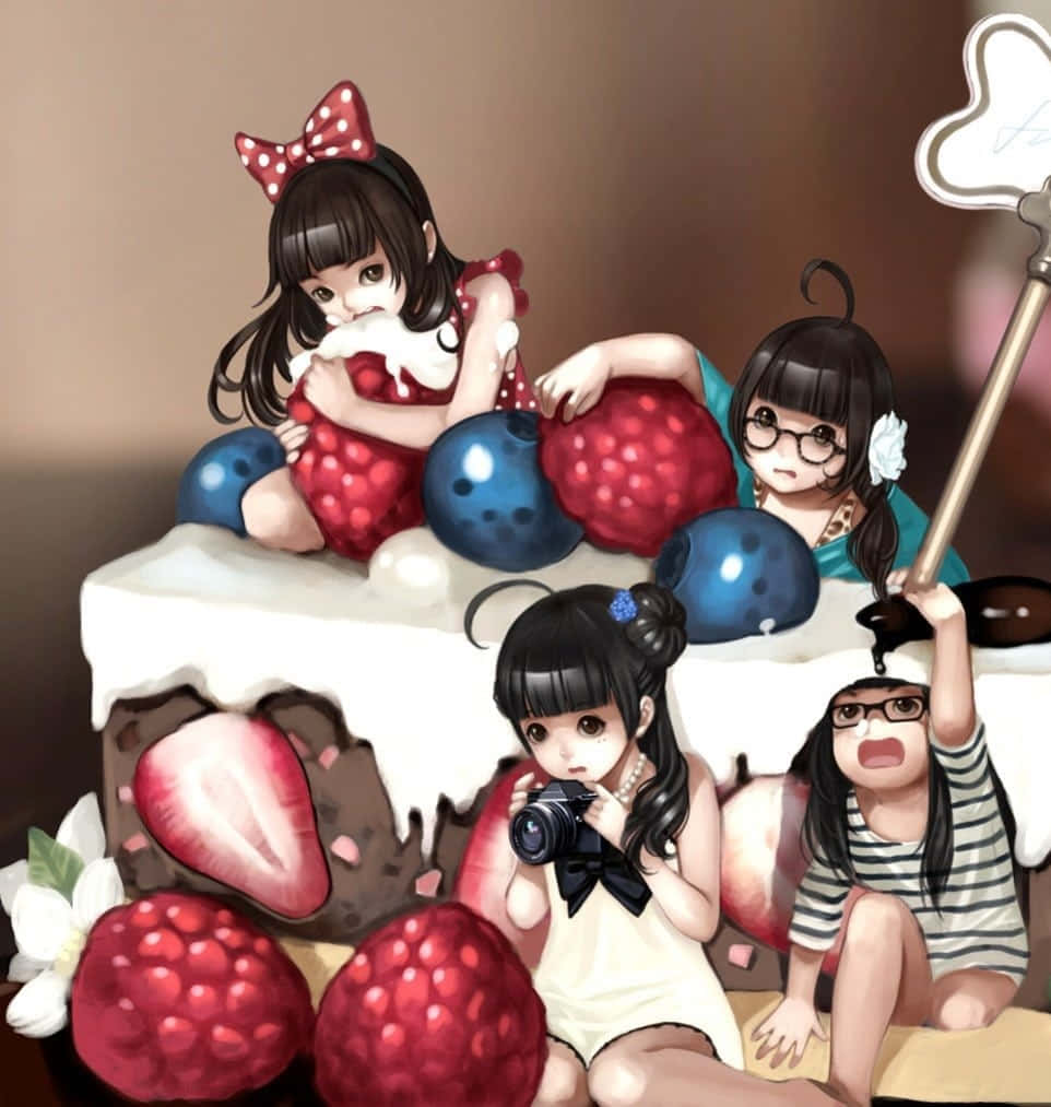 Kawaii Fruit 桌布 壁紙 — 四個動漫女孩在一個裝飾著覆盆子、草莓和藍色氣球的巨型蛋糕上頑皮地擺姿勢。