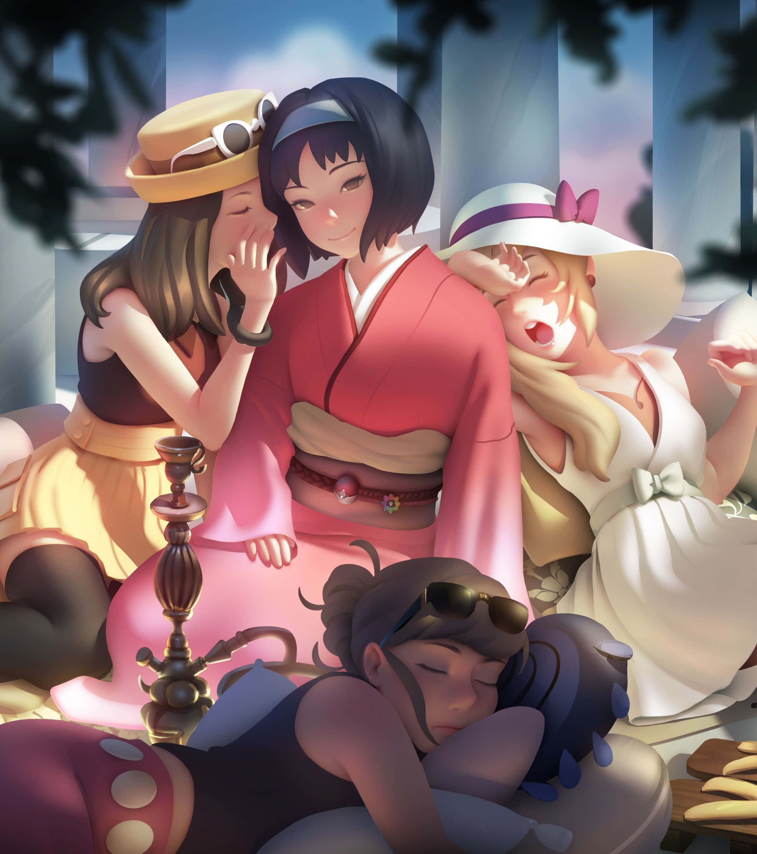 Sleep 桌布 壁紙 — 四個動漫女孩在戶外放鬆，一個在睡覺，其他人在柔和的暮光中大笑。