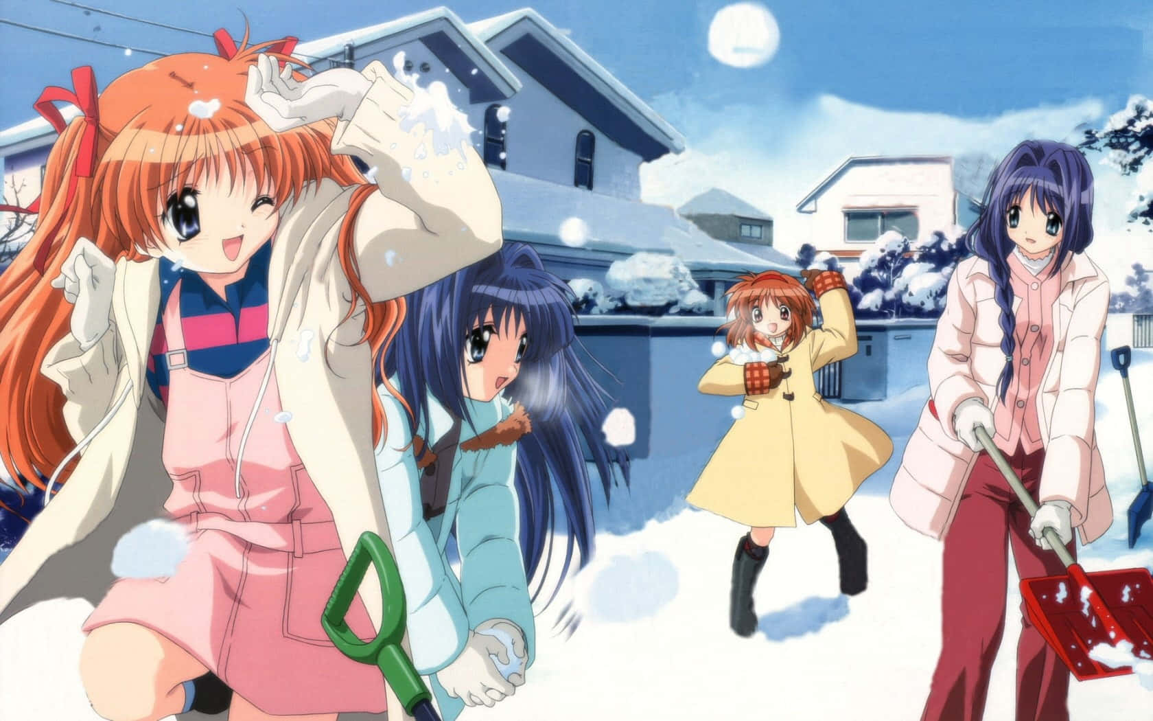Snowball Fight 桌布 壁紙 — 四個動漫女孩在晴朗藍天下，在明亮的冬季郊區社區中頑皮地鏟雪和扔雪。