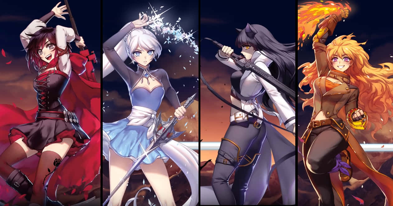 RWBY 桌布 壁紙 — 四個動漫女孩在火焰背景前擺出動態戰鬥姿勢，手持武器並帶有魔法效果。