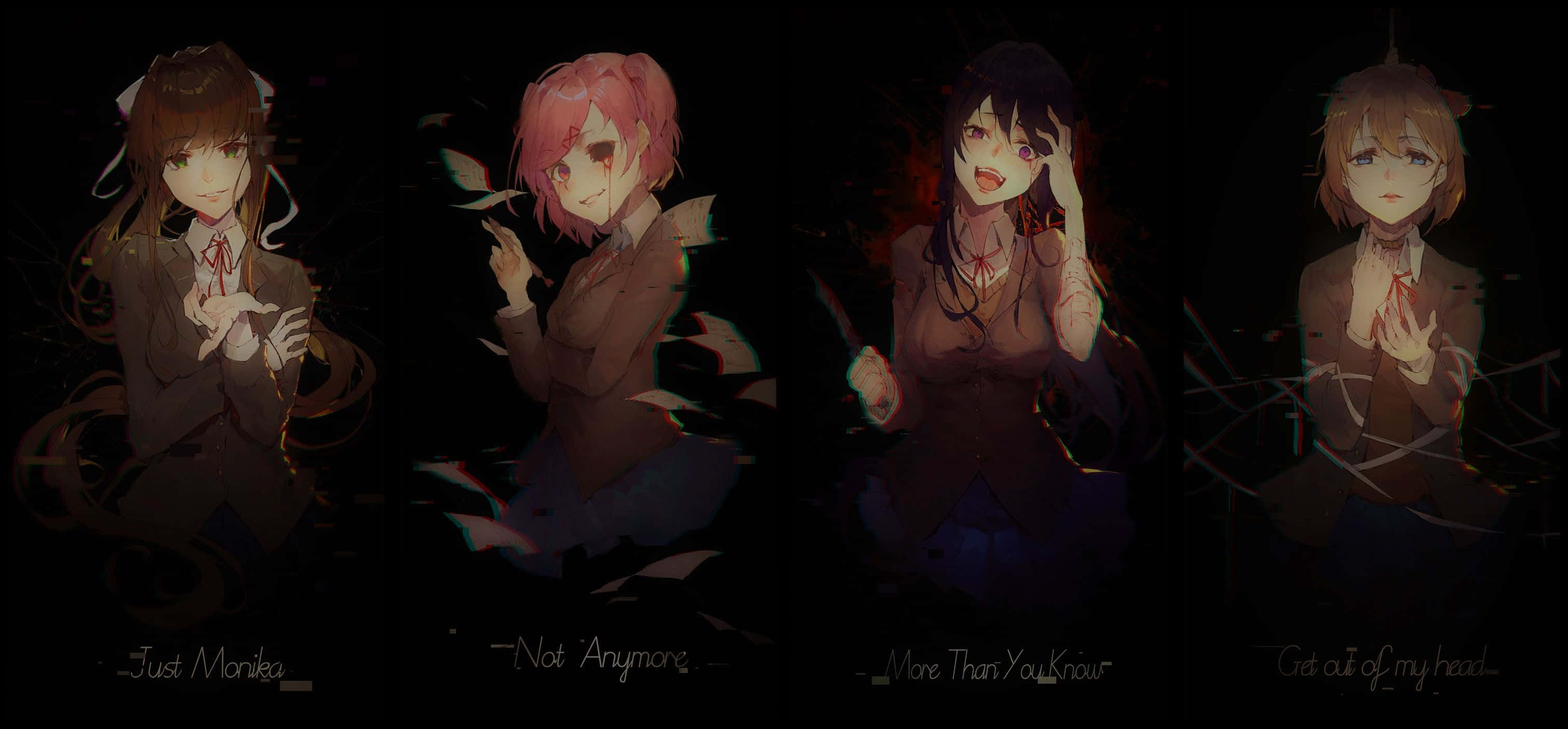 Ddlc 桌布 壁紙 — 四個動漫女孩在黑暗場景中帶有故障效果和顯示情感狀態的文字疊加。