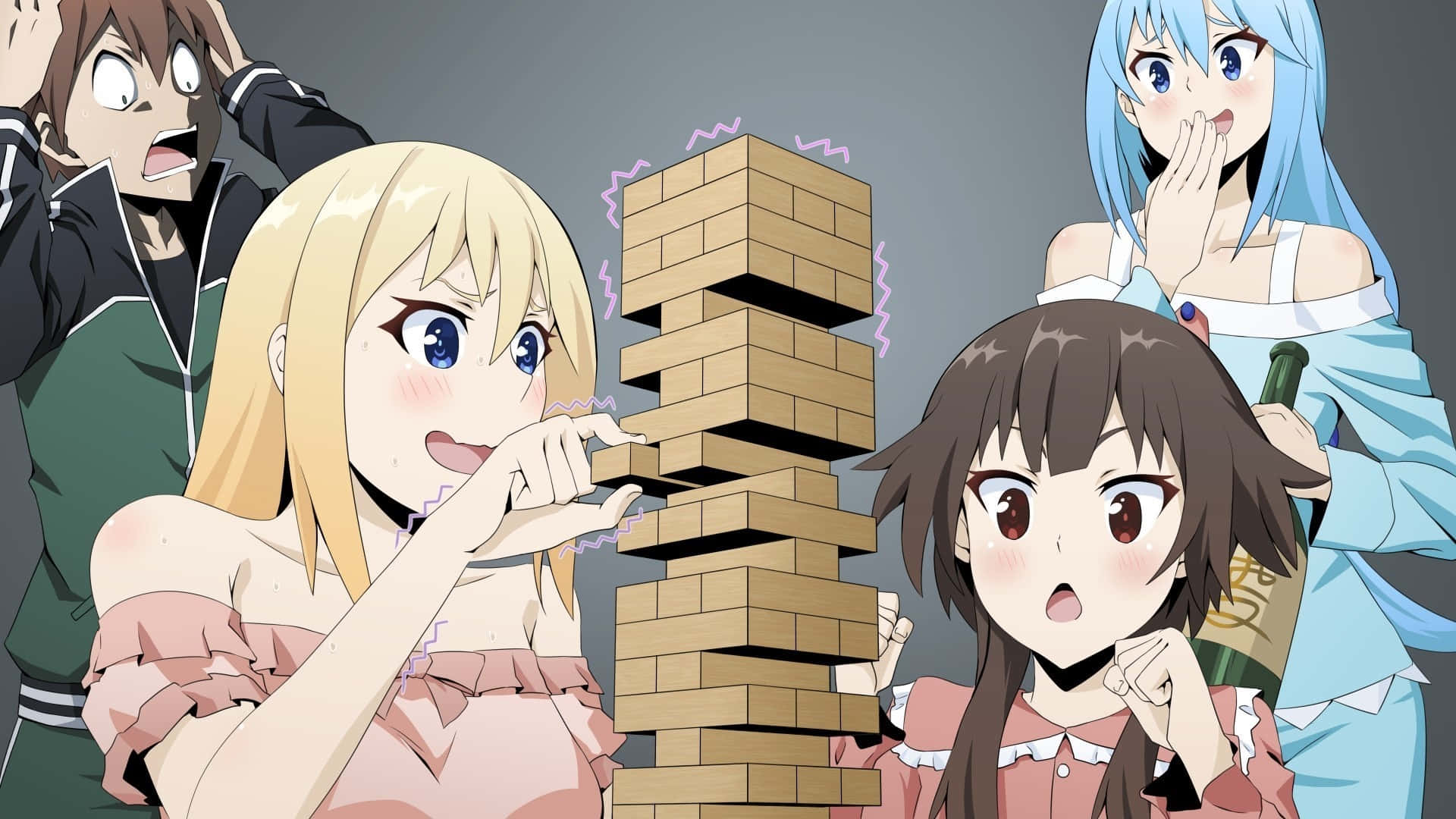 Konosuba 桌布 壁紙 — 四個動漫女孩激烈地玩著高聳的層層疊遊戲，表情震驚，燈光戲劇化。
