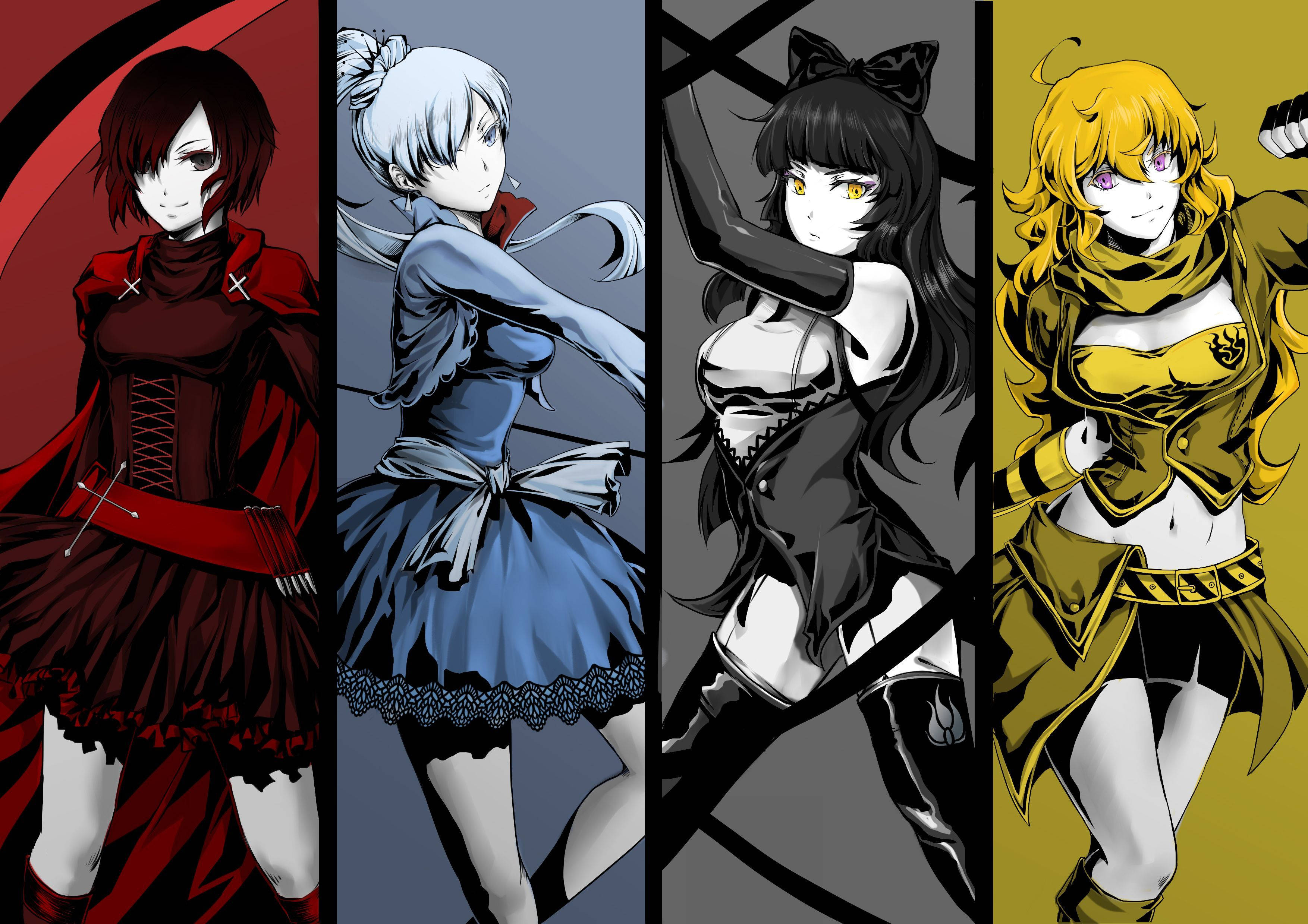 Rwby 桌布 壁紙 — 四個動漫女孩穿著不同的服裝，站在彩色背景的垂直面板中。