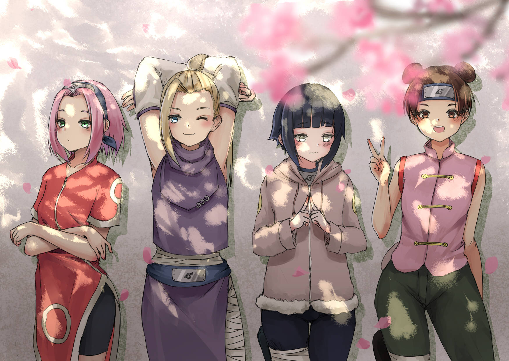 girls 桌布 壁紙 — 四個動漫女孩穿著忍者服裝，在柔和的粉彩天空下，在飄落的櫻花中愉快地擺姿勢。