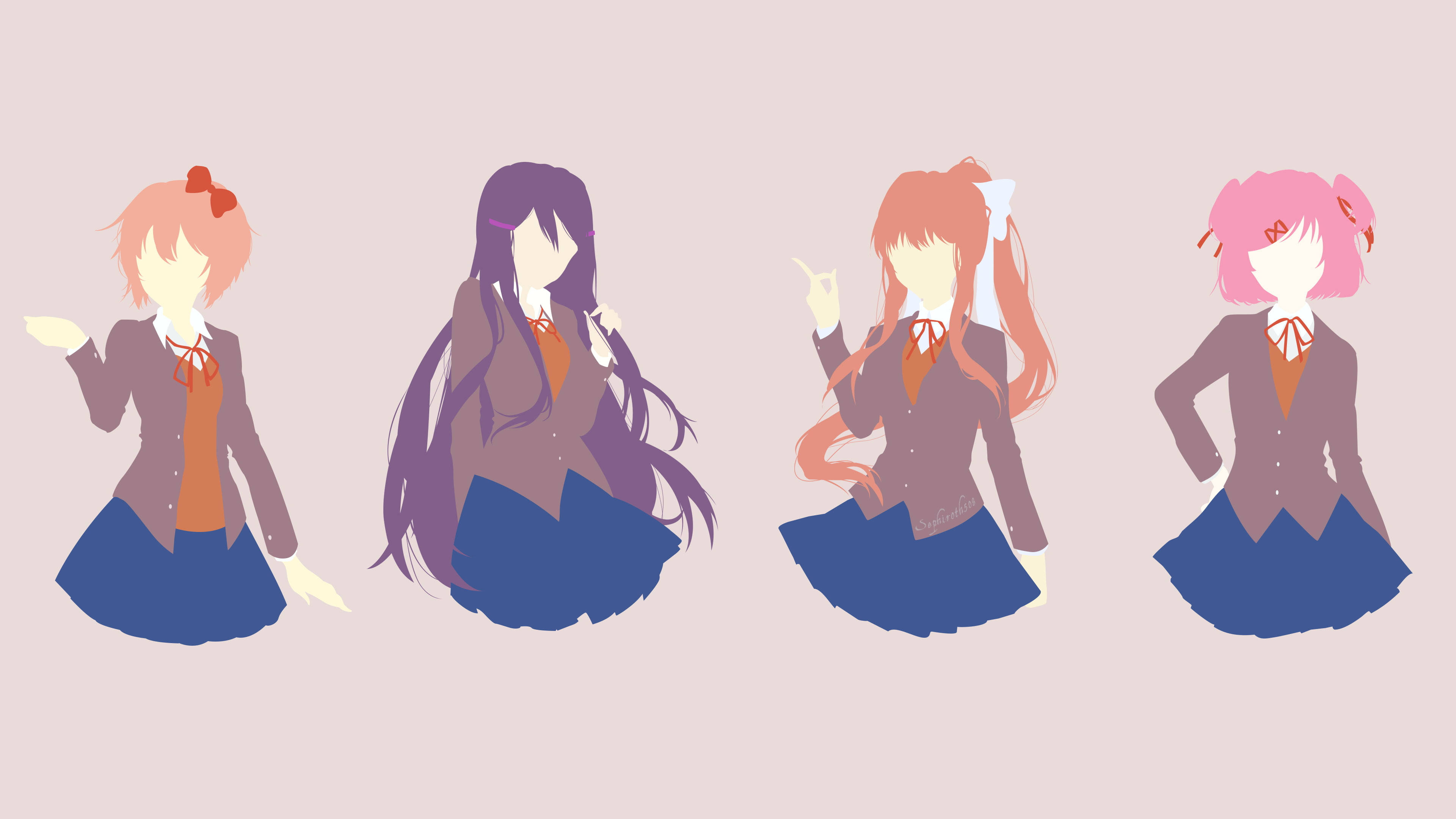 literature 桌布 壁紙 — 四個動漫女孩穿著校服，在柔和的粉紅色背景前擺姿勢，頭髮造型獨特，沒有面部特徵。
