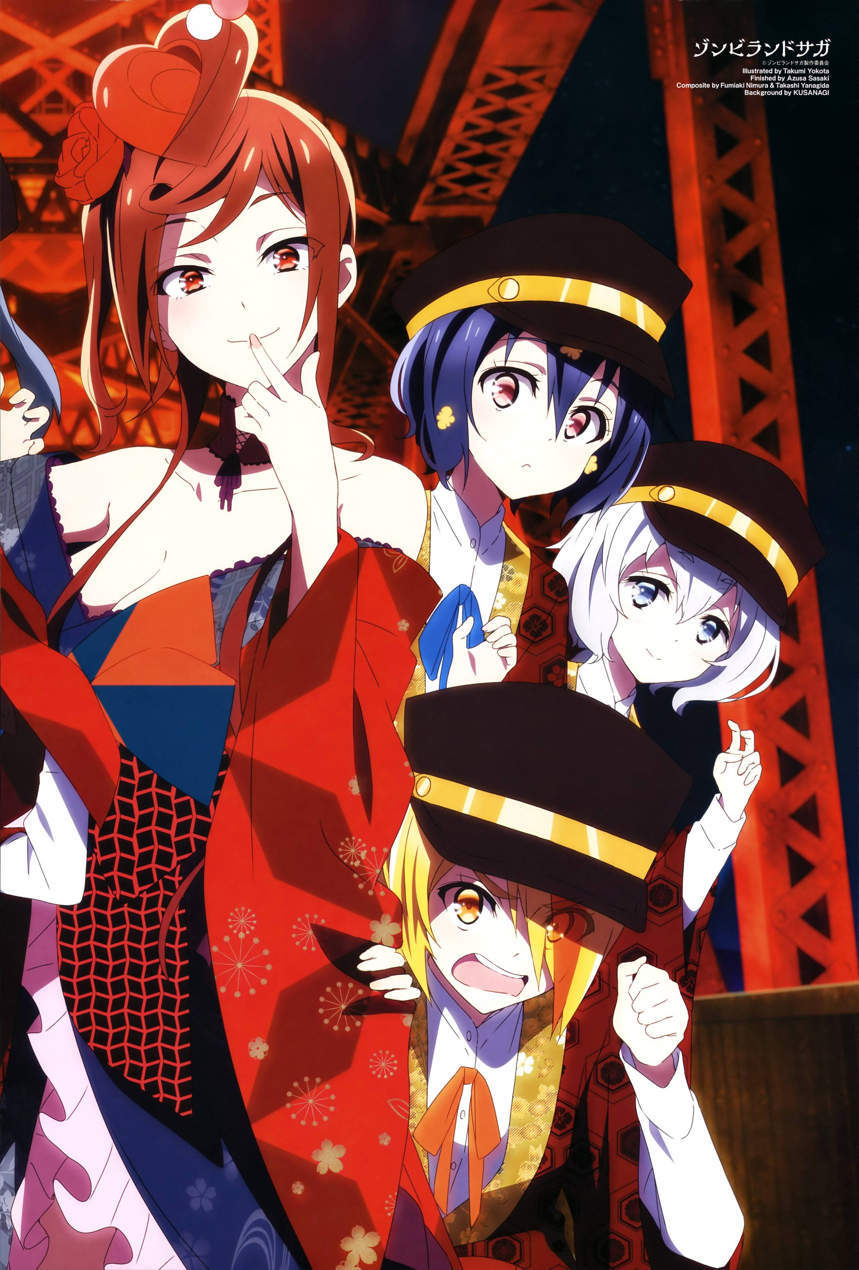 zombie land saga 桌布 壁紙 — 四個動漫女孩穿著節日服裝，在夜晚發光的紅色東京塔前愉快地擺姿勢。