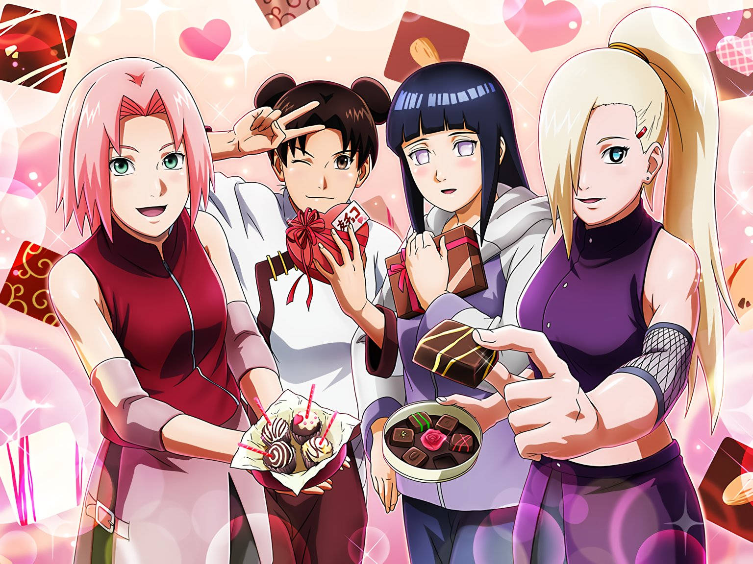 girls 桌布 壁紙 — 四個動漫女孩穿著節日粉紅色和紫色服裝，在閃爍的心形背景前拿著巧克力禮物和糖果。