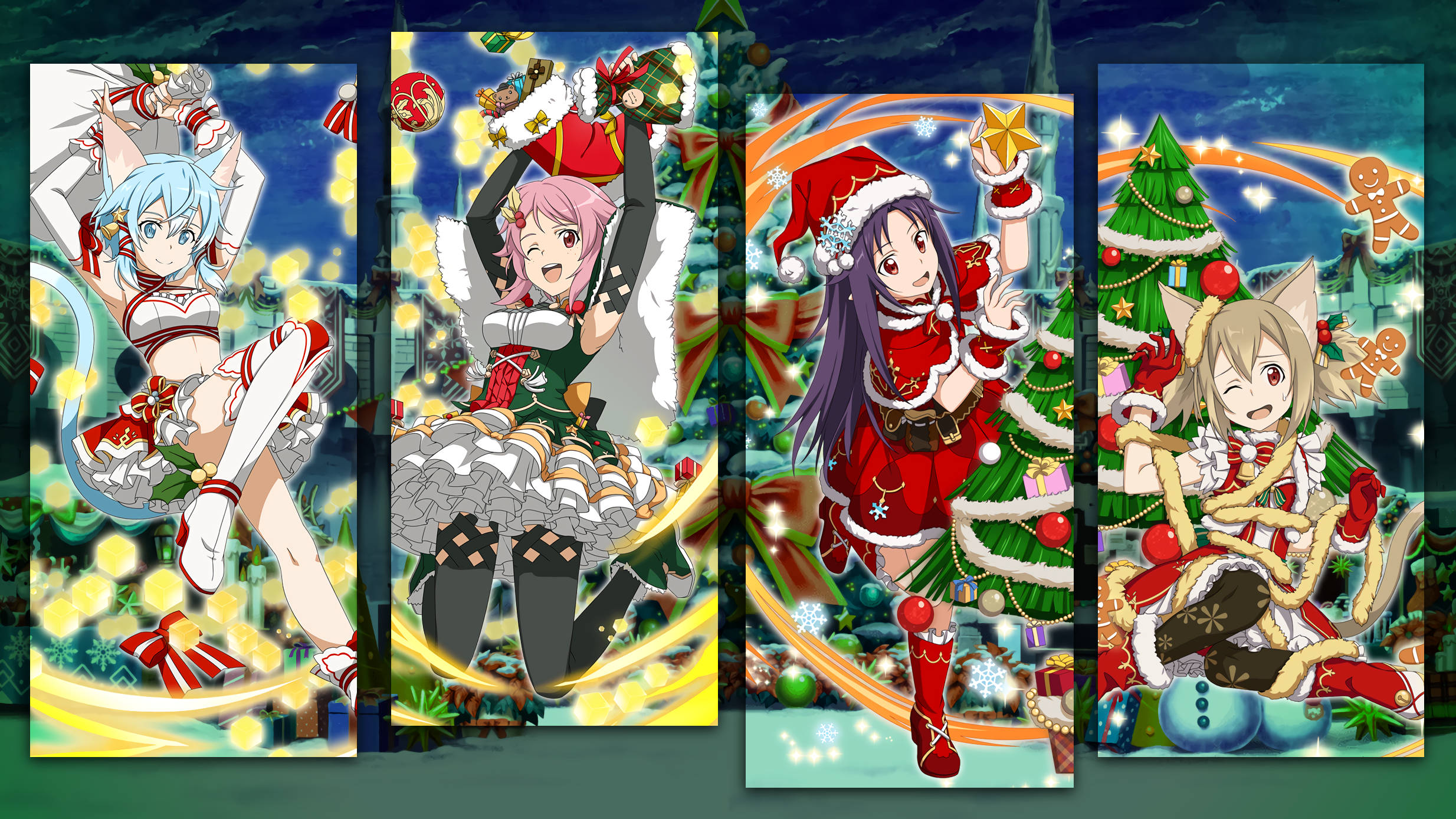 Anime Christmas 桌布 壁紙 — 四個動漫女孩穿著節日聖誕服裝，在閃爍的節日背景前，與樹木和裝飾品一起快樂地擺姿勢。