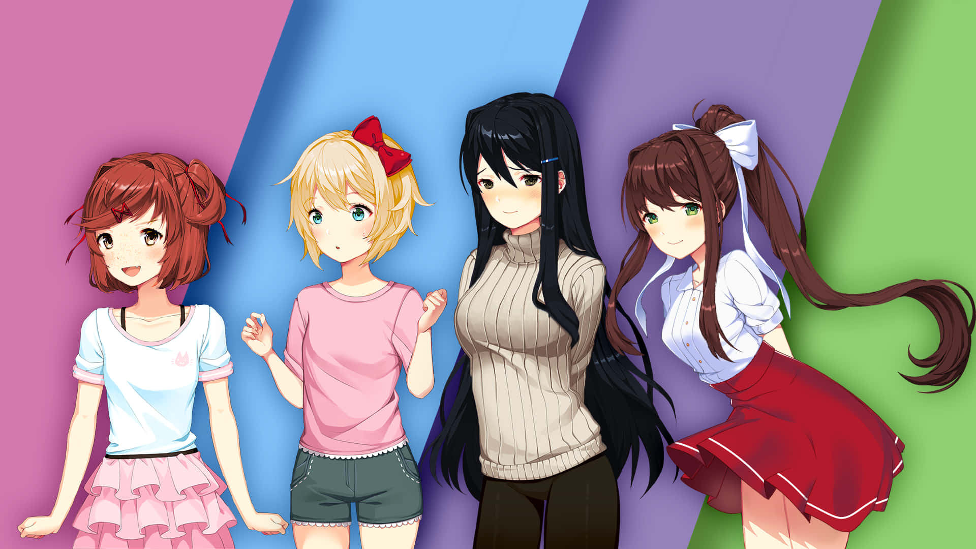 動漫 桌布 壁紙 — 四個動漫女孩穿著色彩繽紛的服裝，站在充滿活力的幾何背景前，背景有粉紅色、藍色、紫色和綠色的對角線面板。