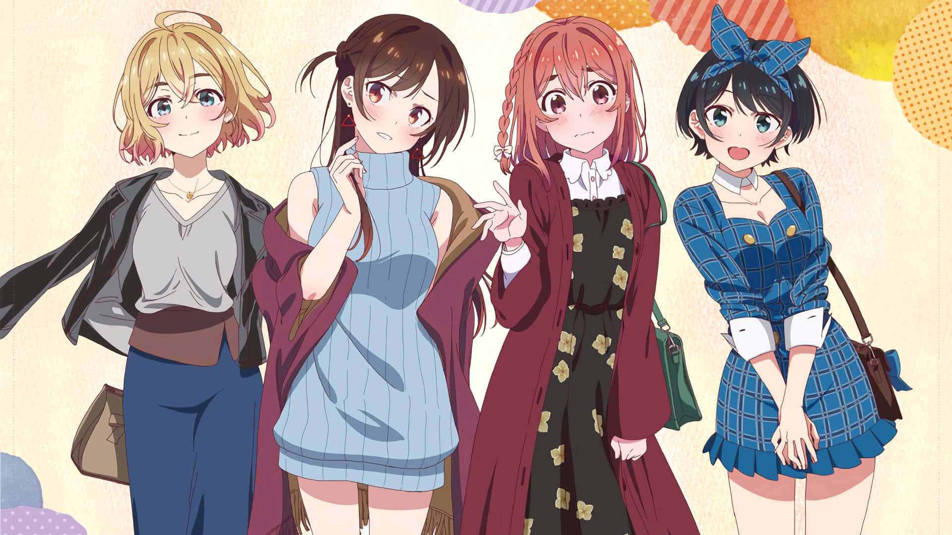 Animated 桌布 壁紙 — 四個動漫女孩穿著色彩繽紛的服裝，一起站在帶有浮動幾何形狀的粉彩背景前。