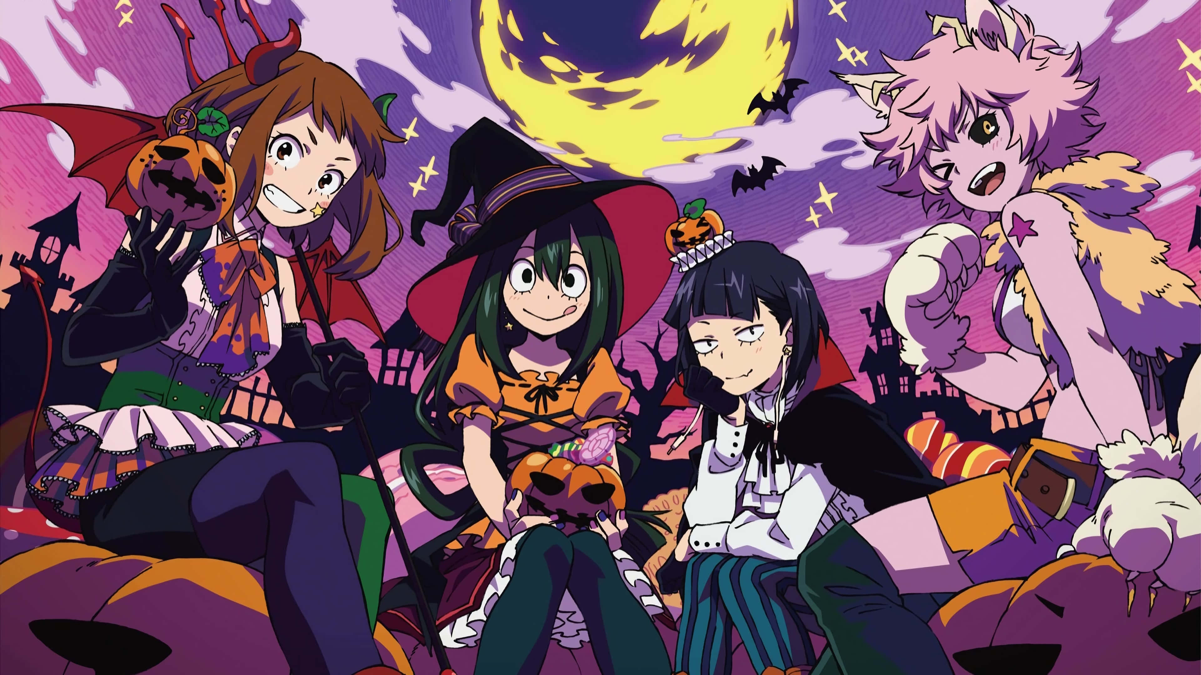 Kyoka Jiro 桌布 壁紙 — 四個動漫女孩穿著萬聖節服裝，在紫色天空下快樂地擺姿勢，背景有發光的黃色月亮和蝙蝠。