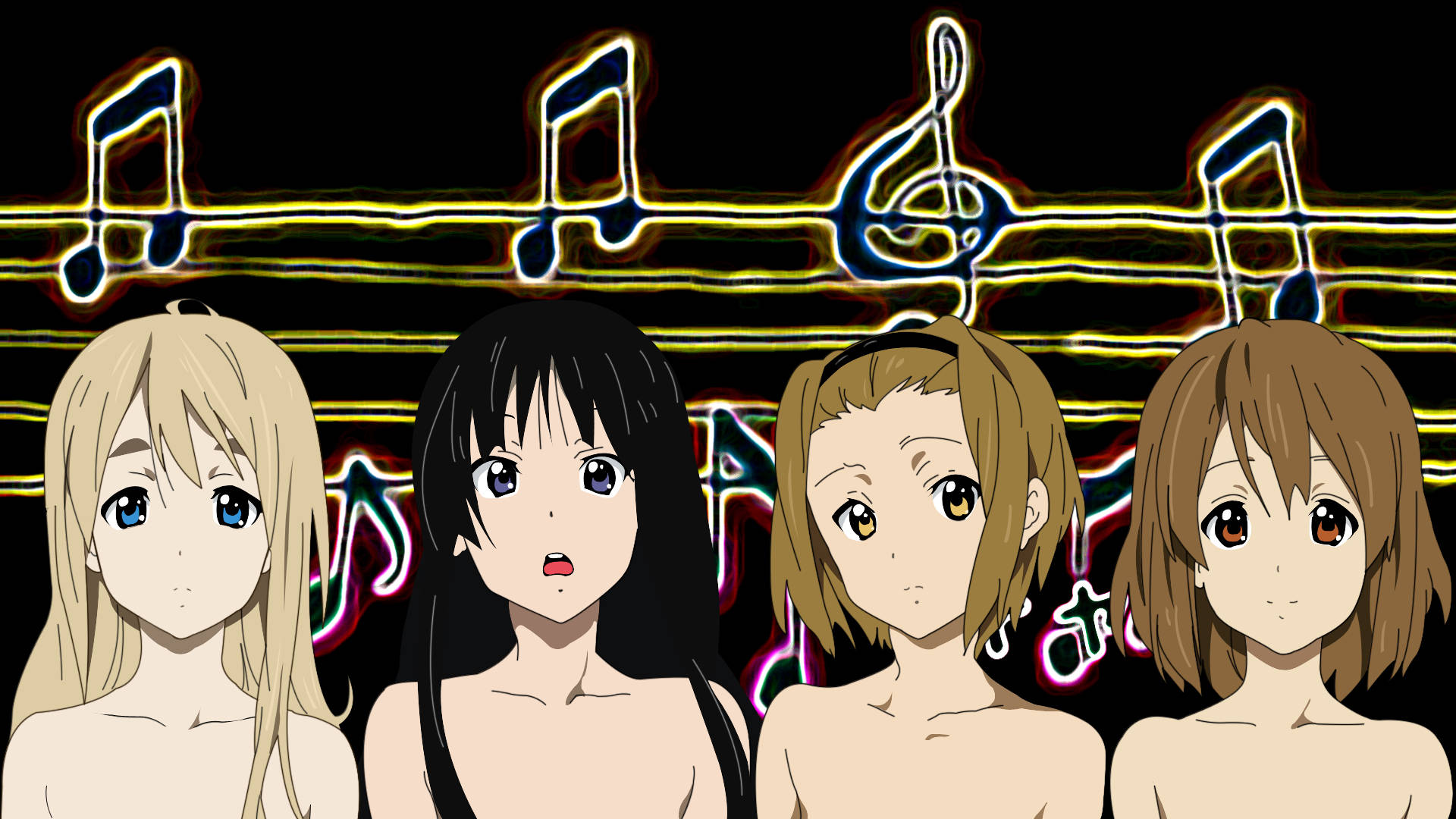 K-on 桌布 壁紙 — 四個動漫女孩站在發光的霓虹音樂符號和五線譜前，背景為深色。