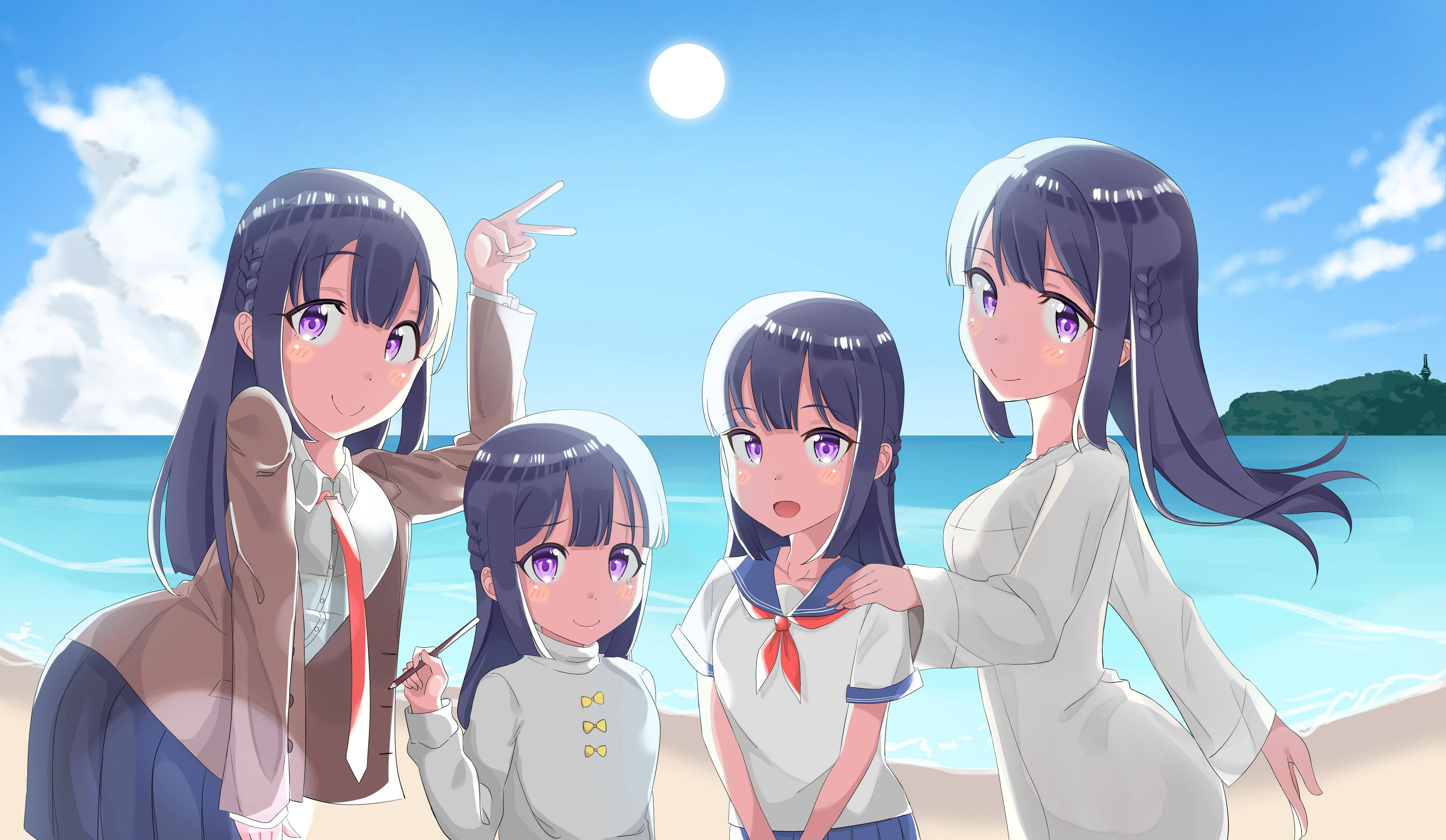 Mai Sakurajima 桌布 壁紙 — 四個動漫女學生穿著校服，在陽光明媚的海灘上愉快地擺姿勢，海水碧綠，頭頂有明亮的太陽。