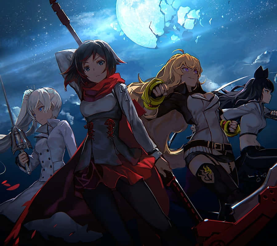 RWBY 桌布 壁紙 — 四個動漫少女身穿戰鬥裝備，在裂開的月光天空下，伴隨著星星和墜落的碎片，準備就緒。