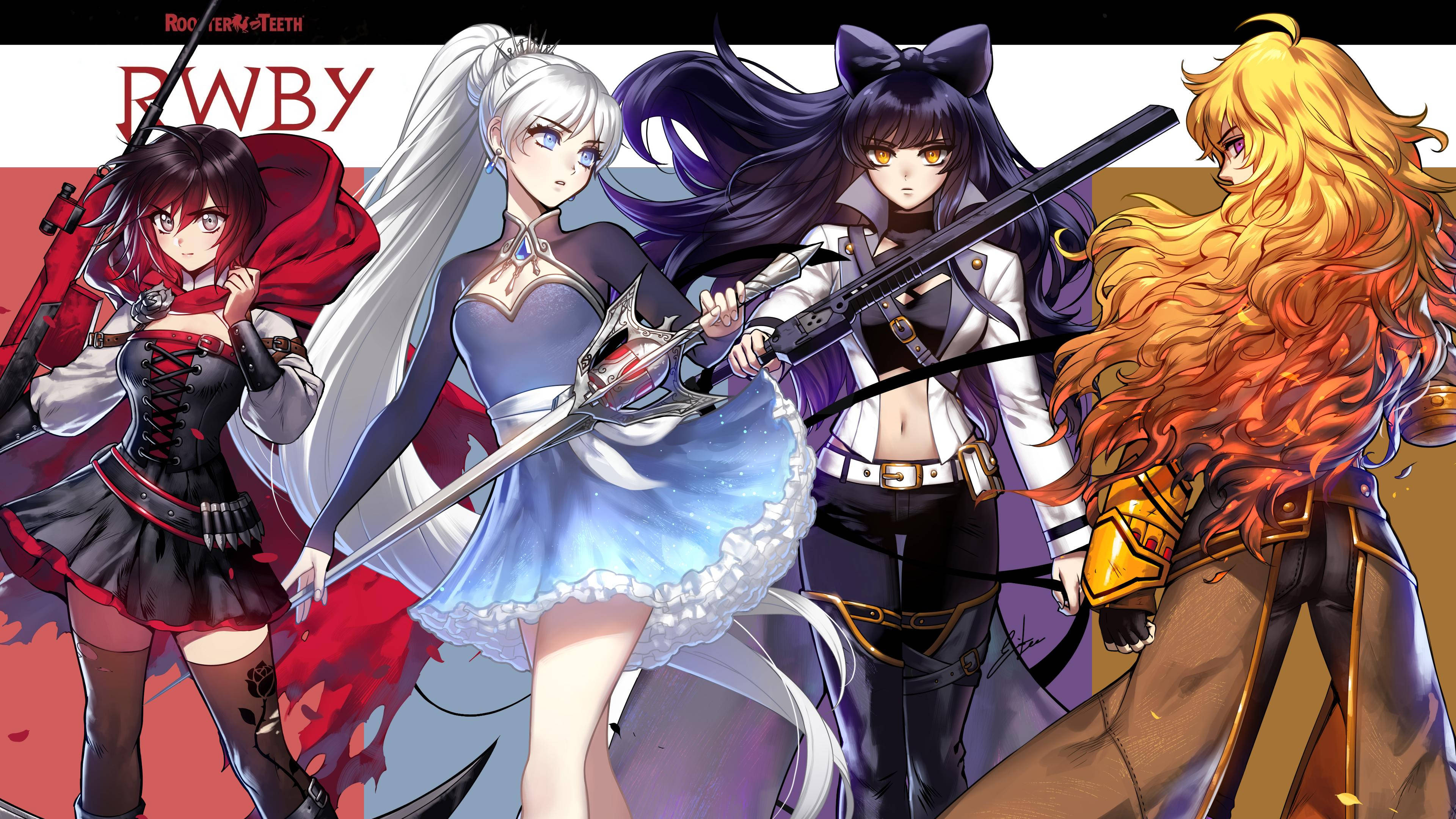 Rwby 桌布 壁紙 — 四個動漫少女身穿戰鬥裝備，在鮮明的紅、白、黑背景下揮舞劍。