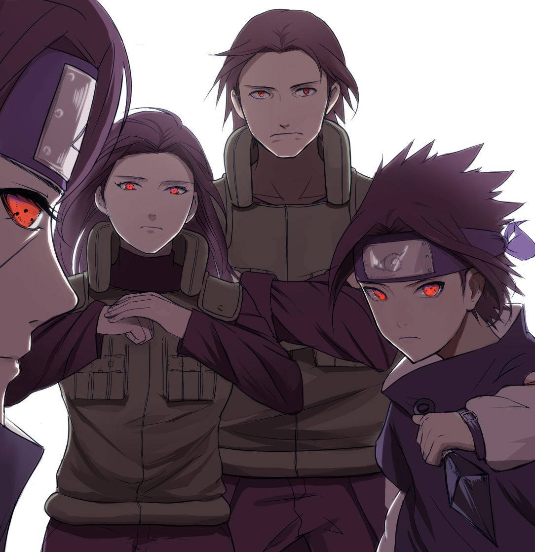 izumi uchiha 桌布 壁紙 — 四個動漫忍者，眼睛發出紅光，戴著頭帶，在純白背景下擺出緊張的群體姿勢。