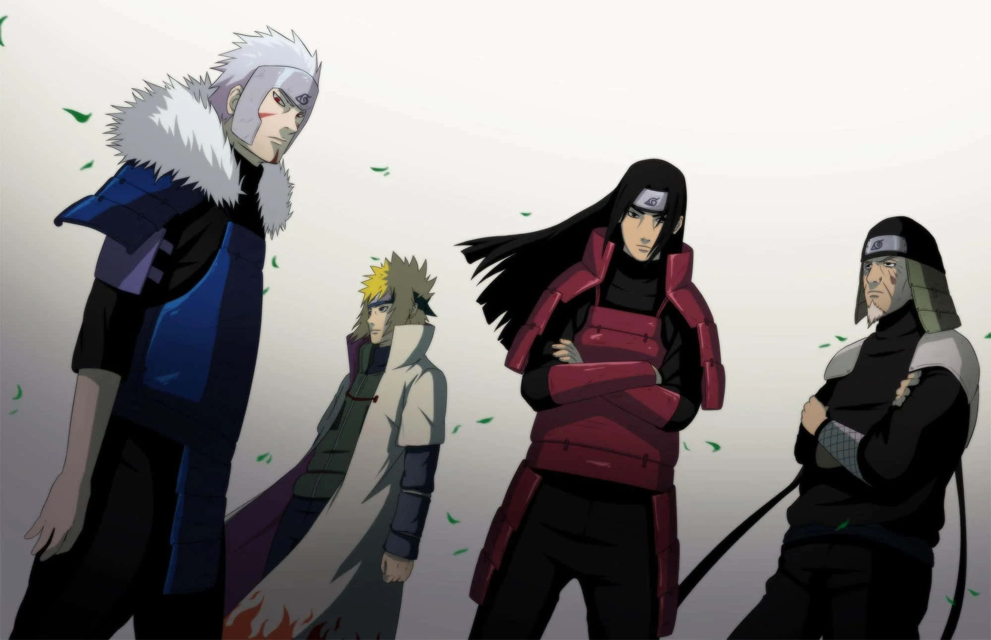 tobirama senju 桌布 壁紙 — 四個動漫忍者站在一個簡樸的灰色空間中，周圍有綠葉飄落，每個人的服裝和姿勢都不同。