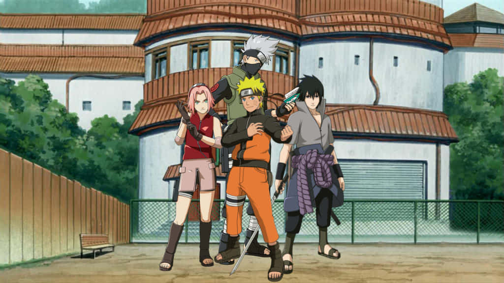 Sasuke Sakura 桌布 壁紙 — 四個動漫忍者自信地站在一座有瓦頂和綠植的傳統建築前。