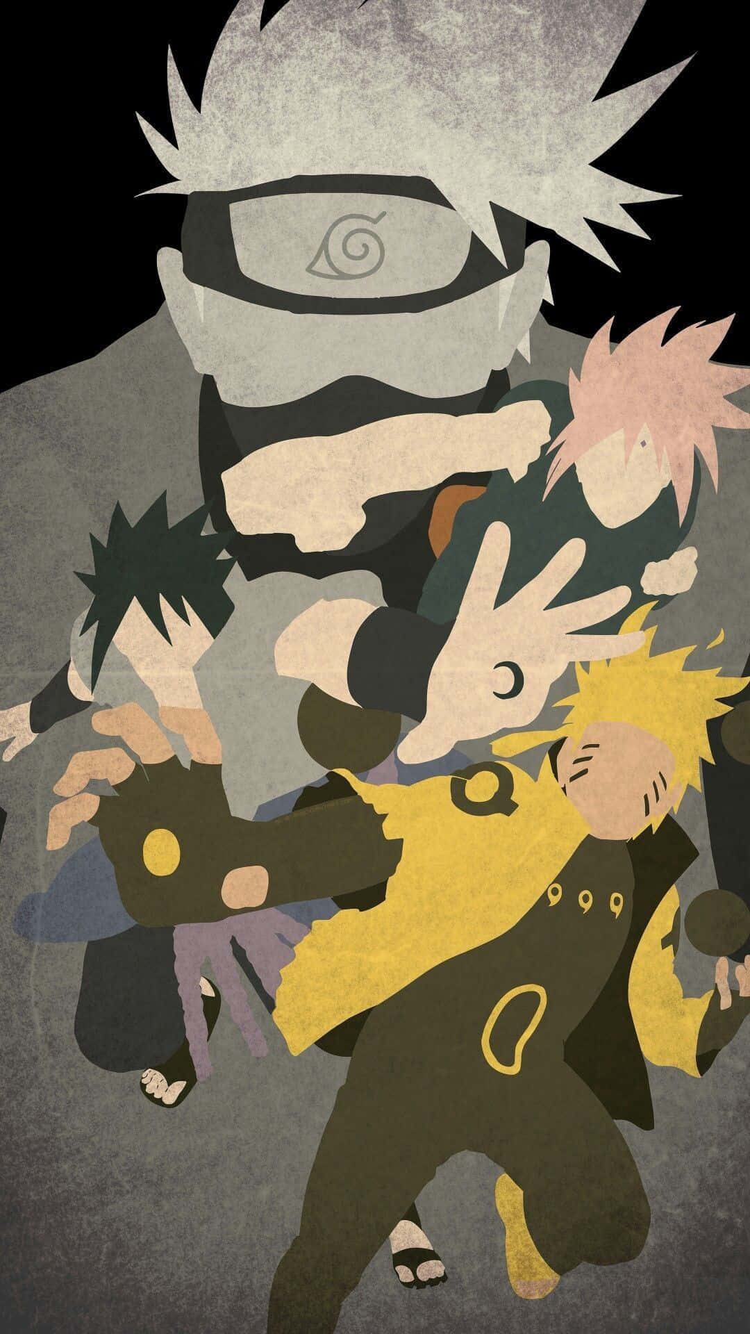 Naruto Aesthetic Phone 桌布 壁紙 — 四個動漫忍者角色以動態姿勢呈現在帶紋理的灰色背景和黑色天空前。
