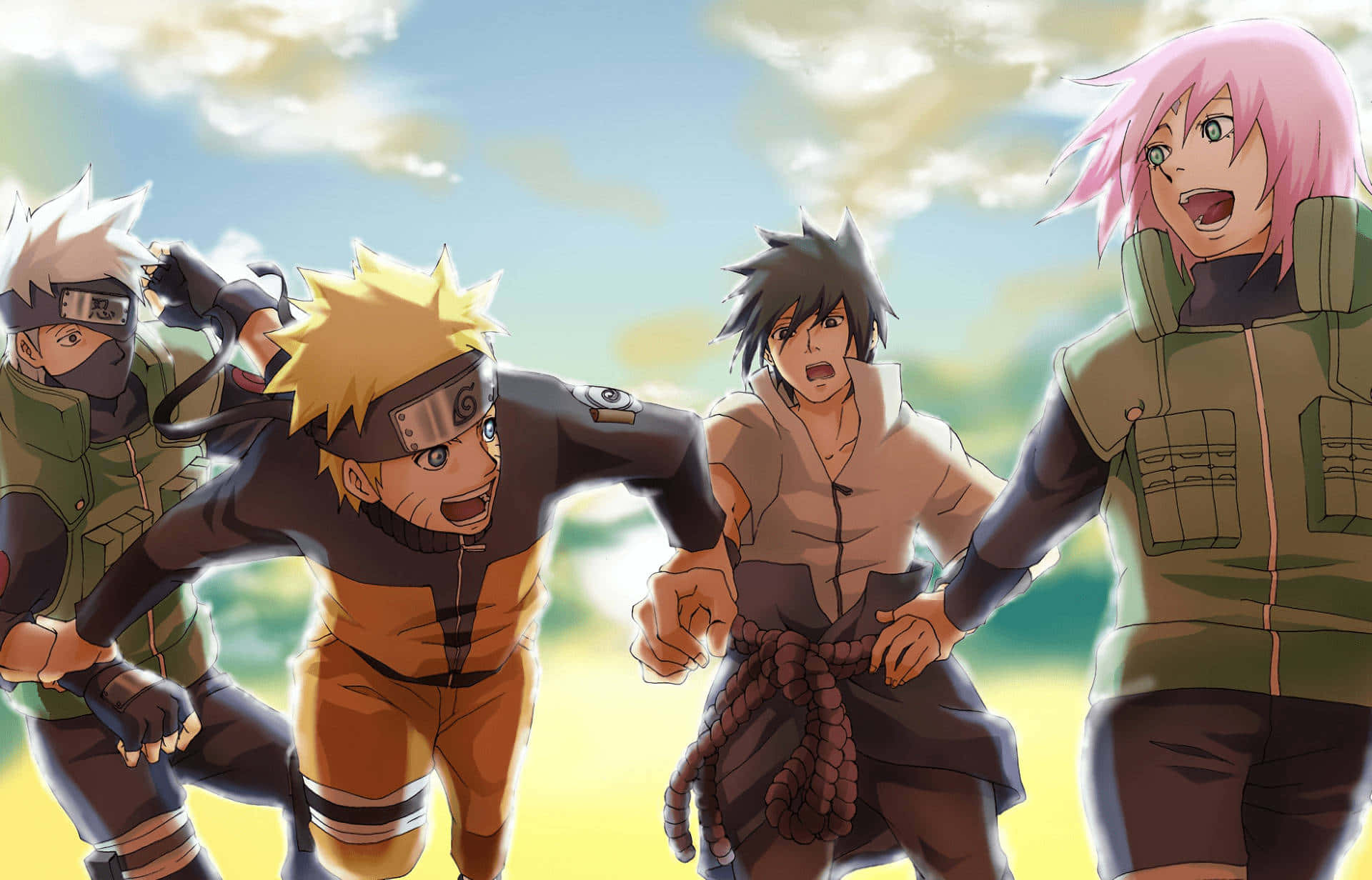 Naruto Team 7 桌布 壁紙 — 四個動漫忍者角色在明亮的天空下以堅定的表情向前衝刺。