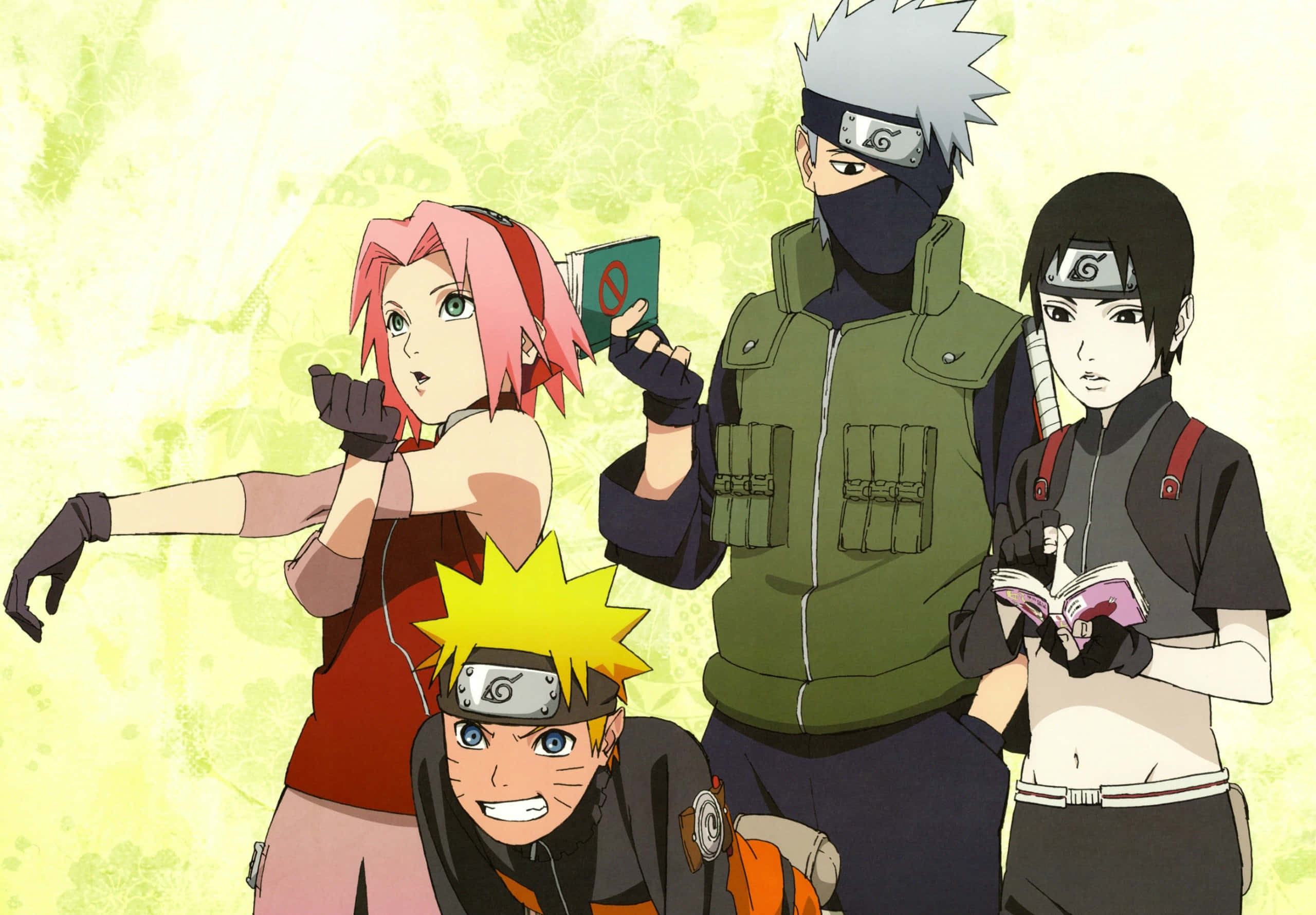 Naruto Group 桌布 壁紙 — 四個動漫忍者角色在柔和的綠色紋理背景上動態擺姿勢。